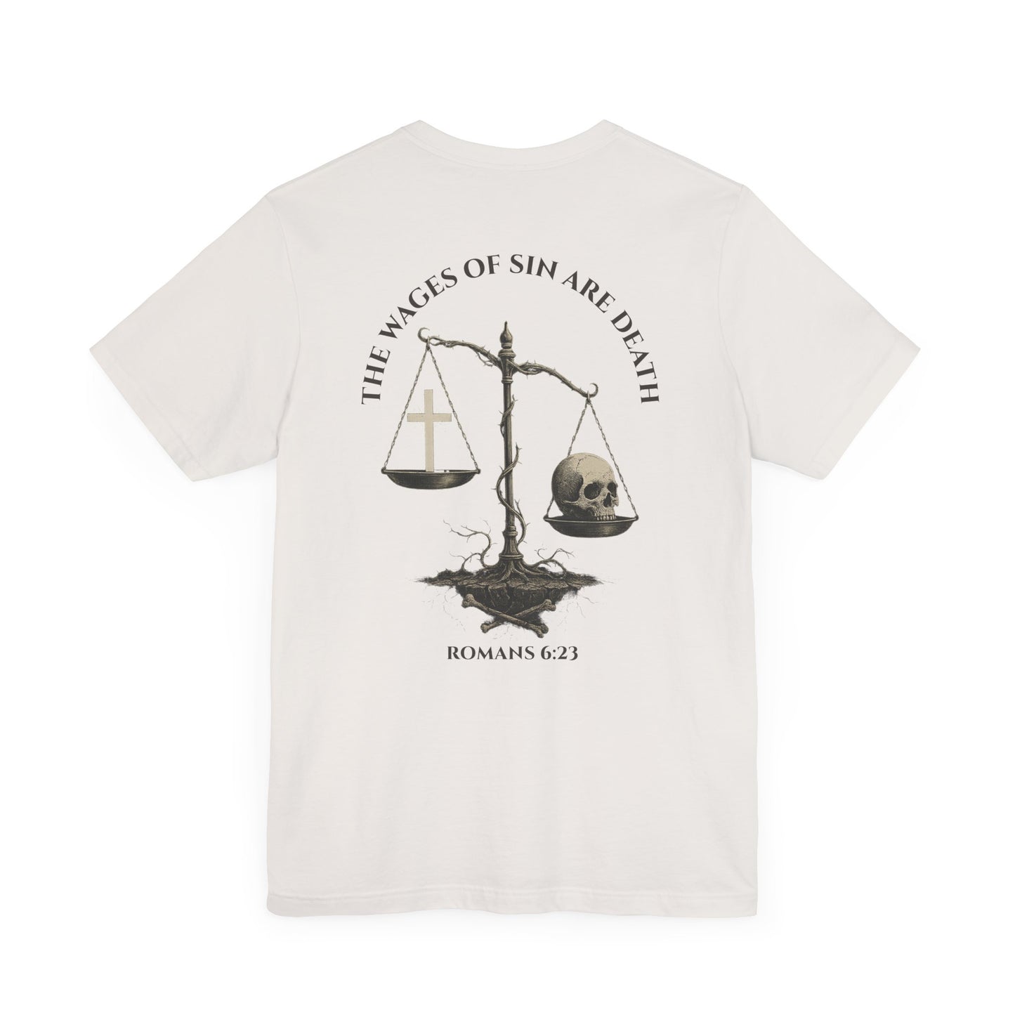 Back view of Romans 6:23 Christian t-shirt showing gospel message design