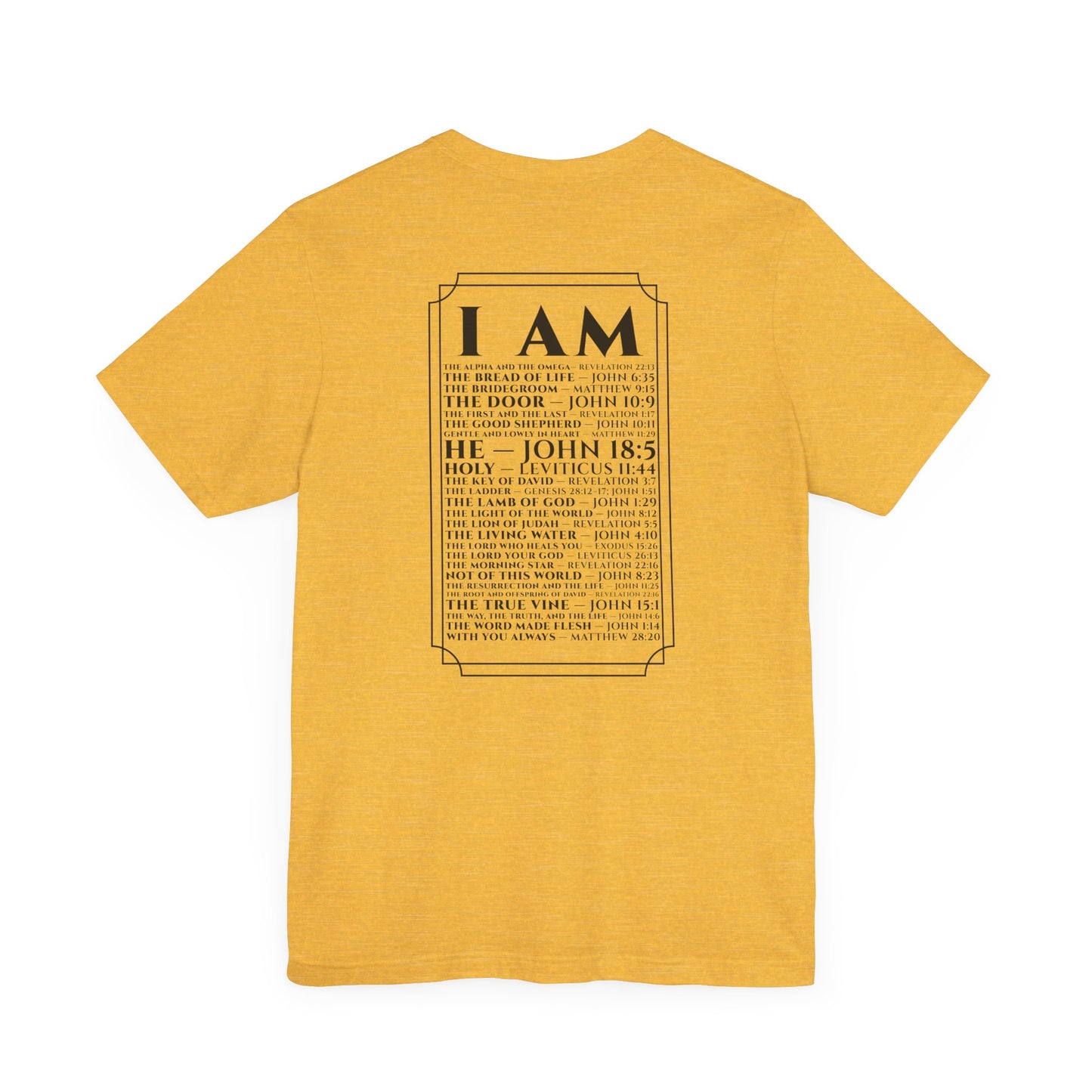 Back view of The Great I AM Christian t-shirt showing biblical design
