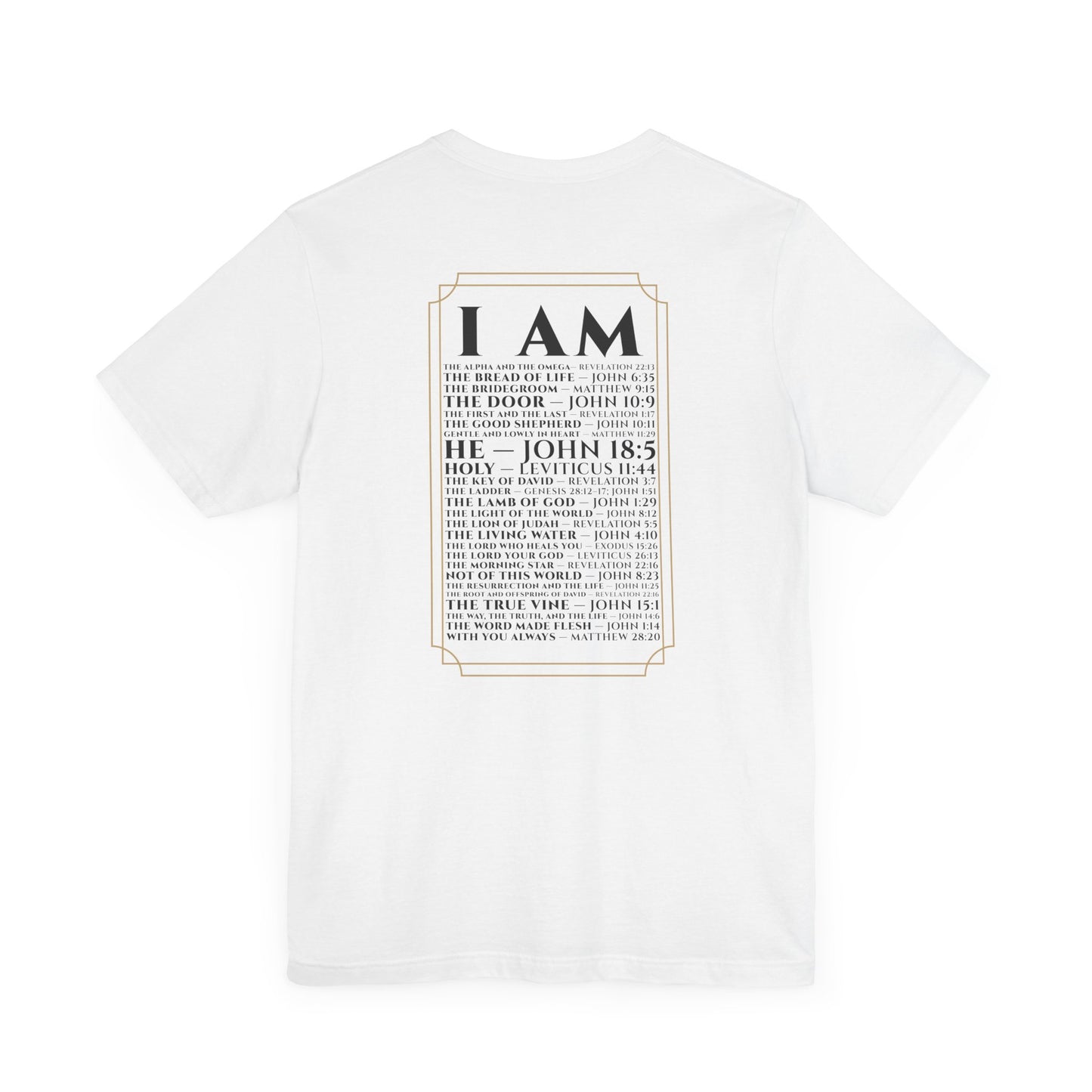 Back view of The Great I AM Christian t-shirt showing biblical design
