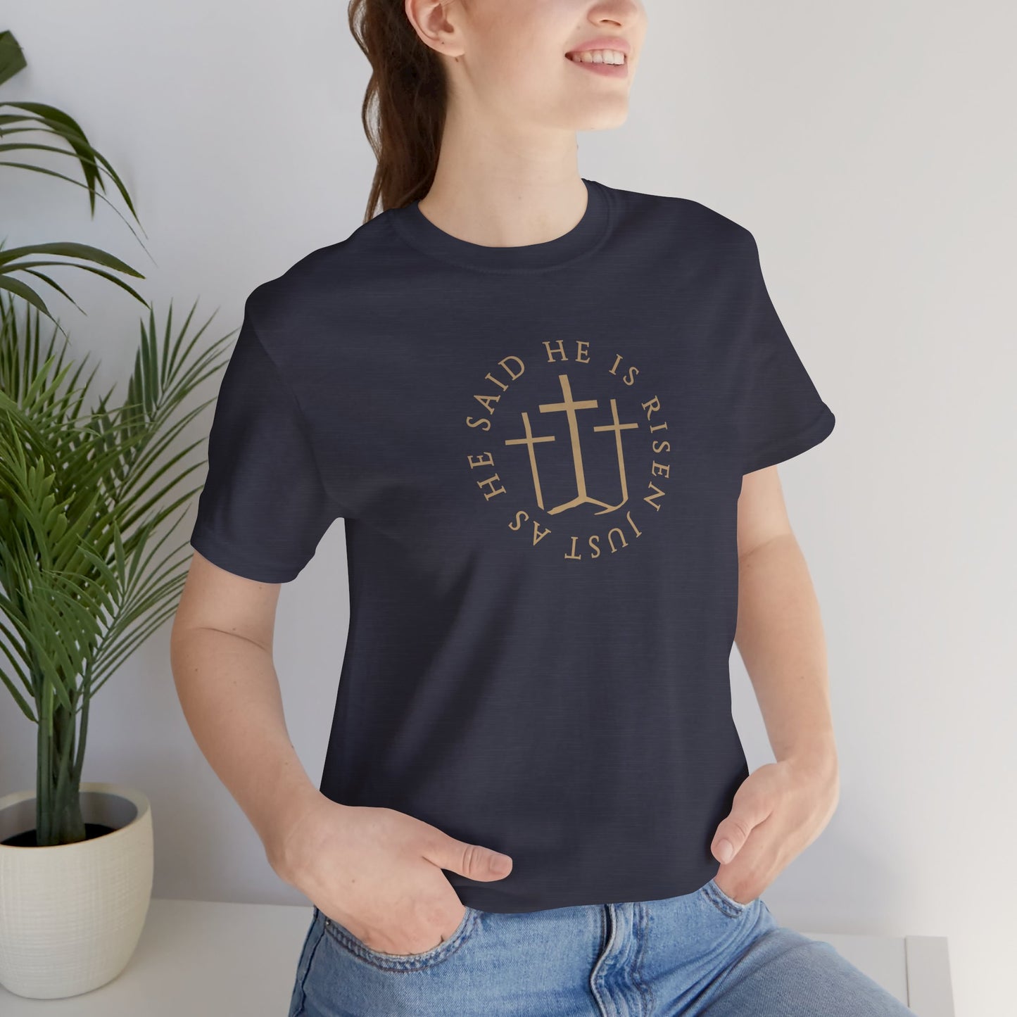Risen Cross – Matthew 28:6 Short Sleeve Tee (Front Print)