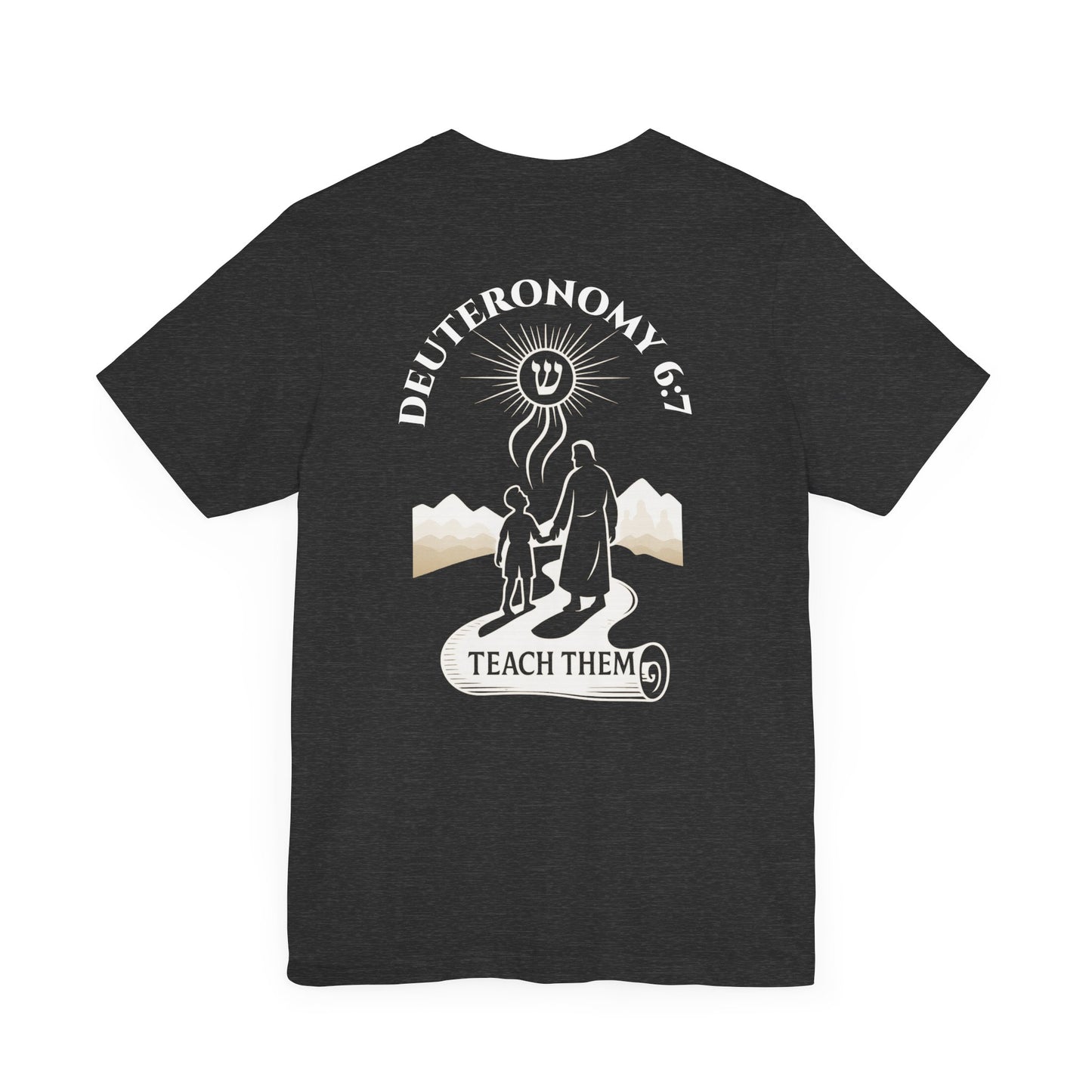 Deuteronomy 6:7 Christian t-shirt with 'Teach Them Diligently' vintage design showing scripture text and symbolic imagery