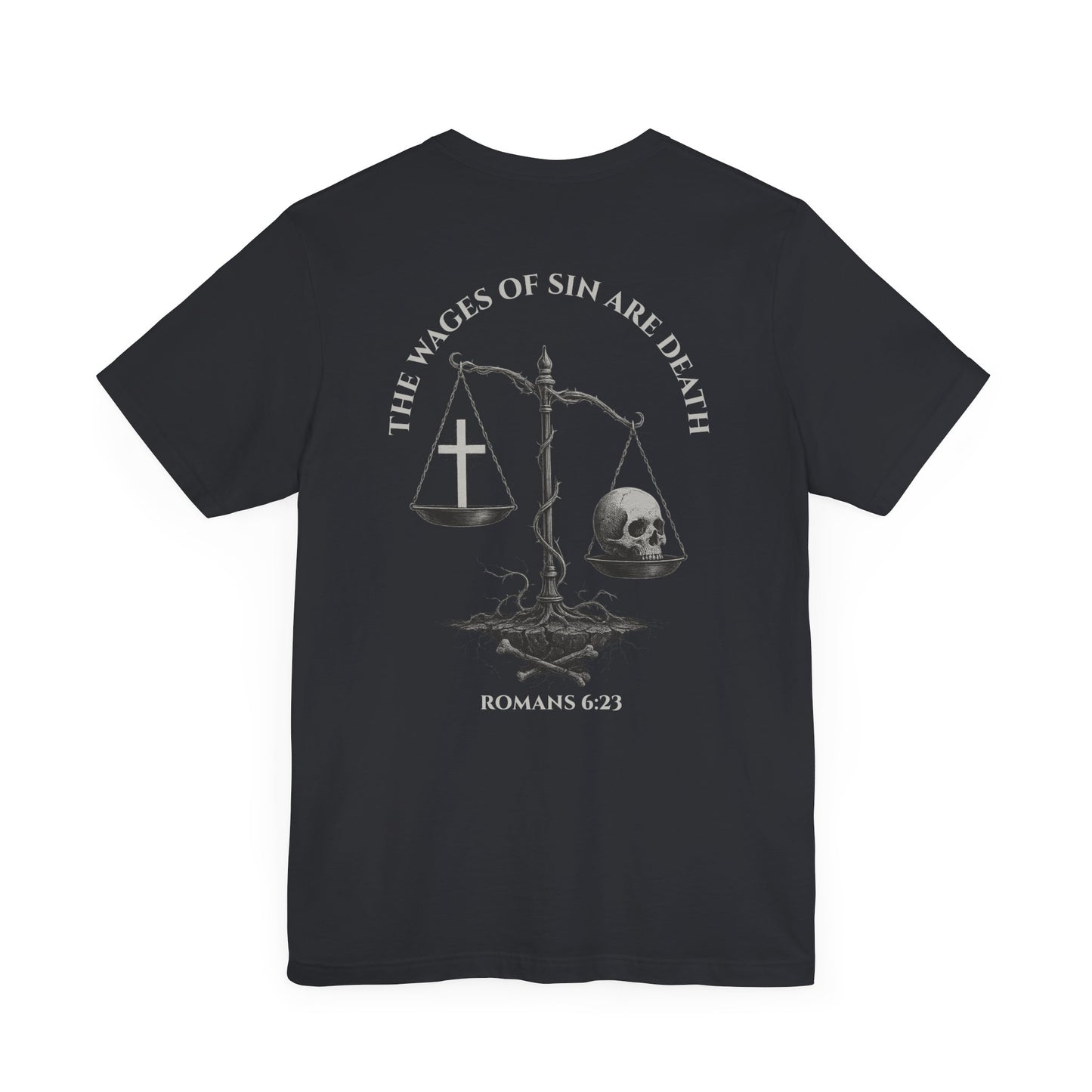 Back view of Romans 6:23 Christian t-shirt showing gospel message design