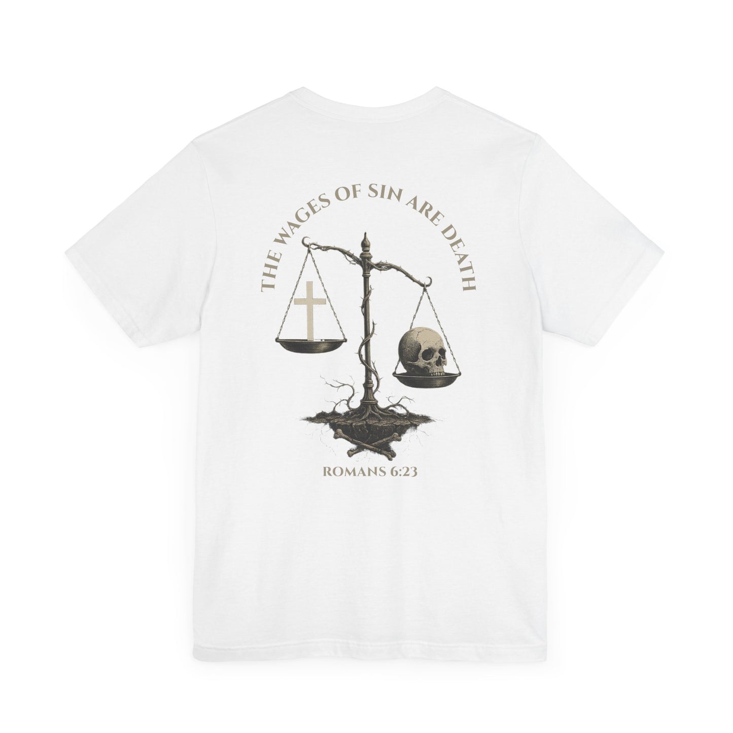 Back view of Romans 6:23 Christian t-shirt showing gospel message design