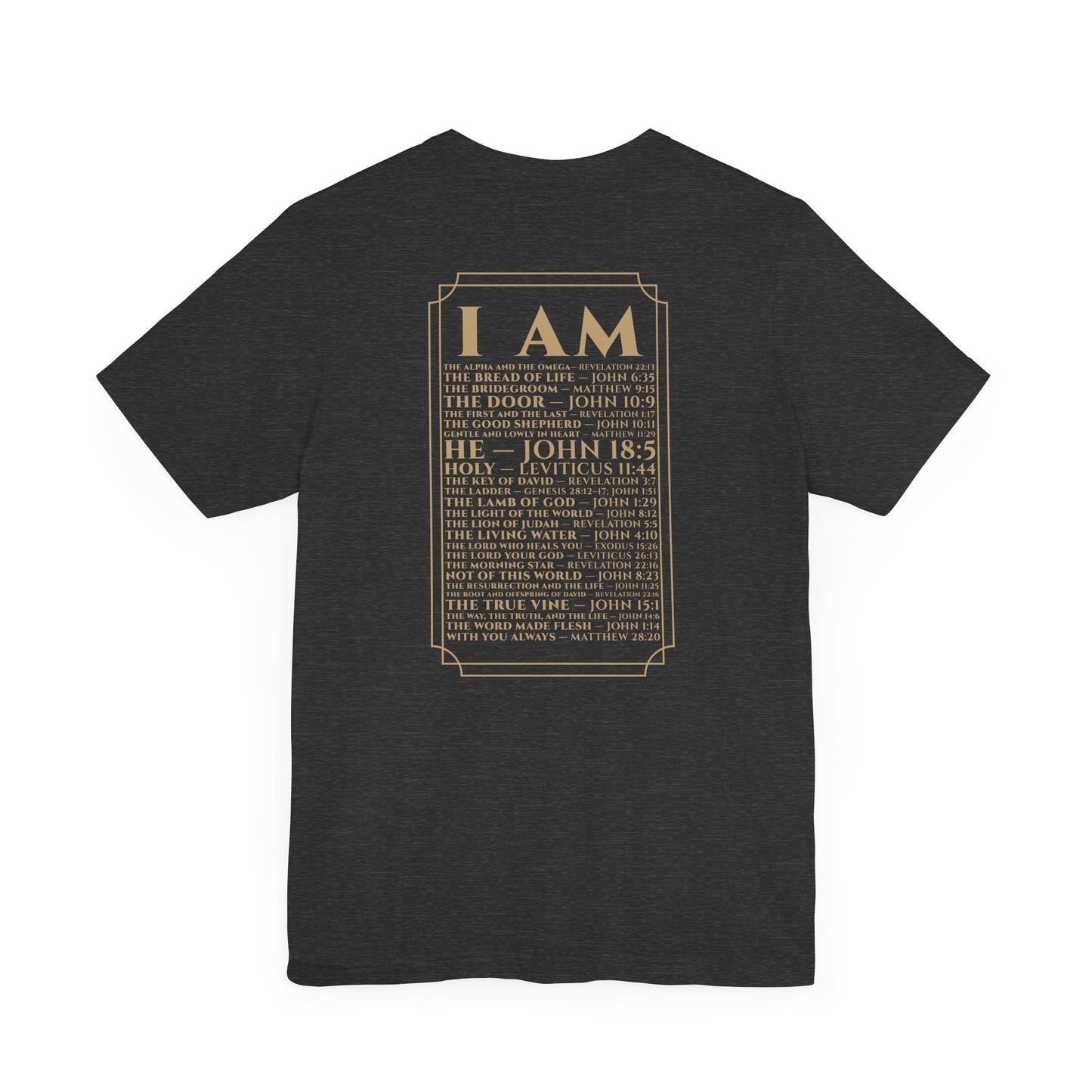 Back view of The Great I AM Christian t-shirt showing biblical design