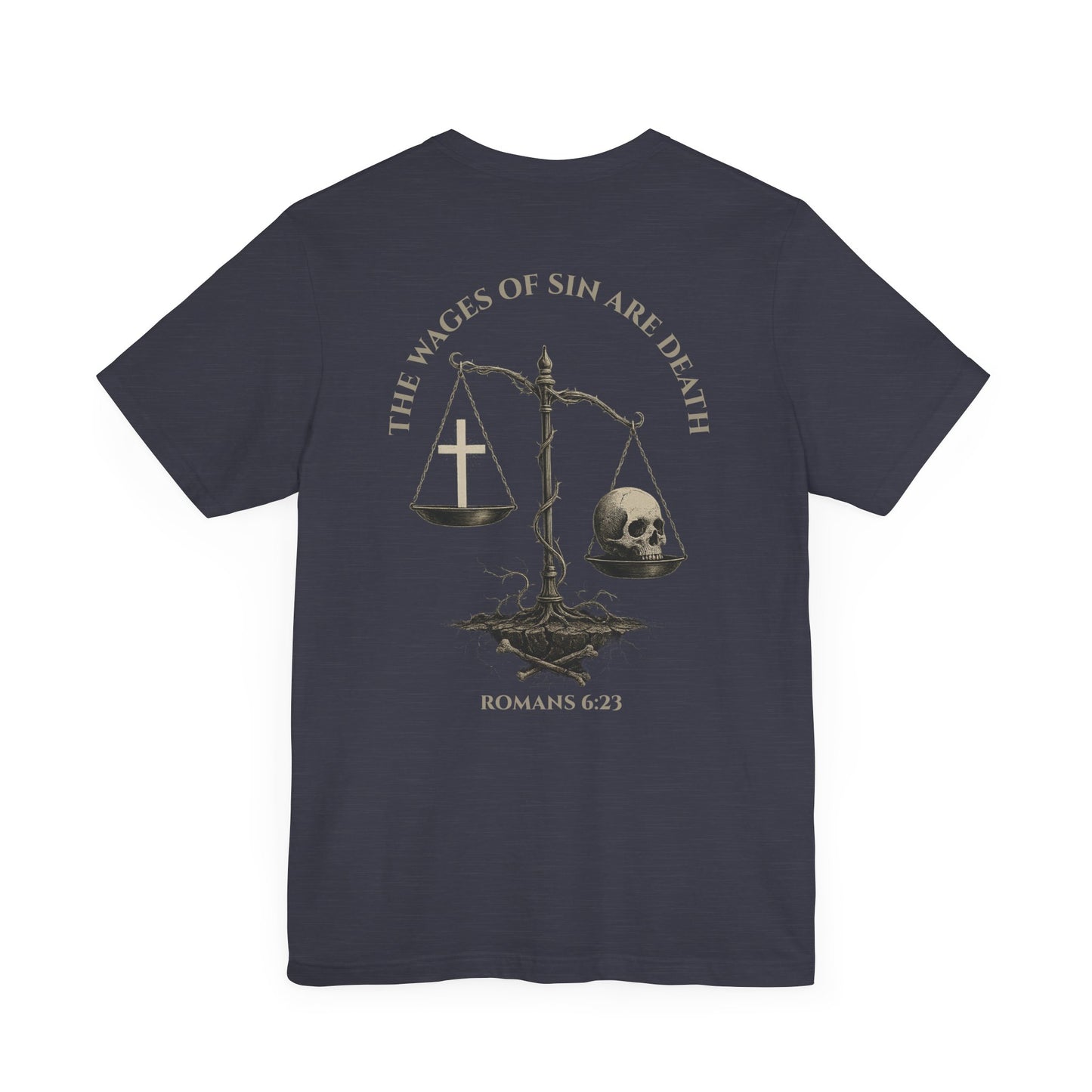 Back view of Romans 6:23 Christian t-shirt showing gospel message design