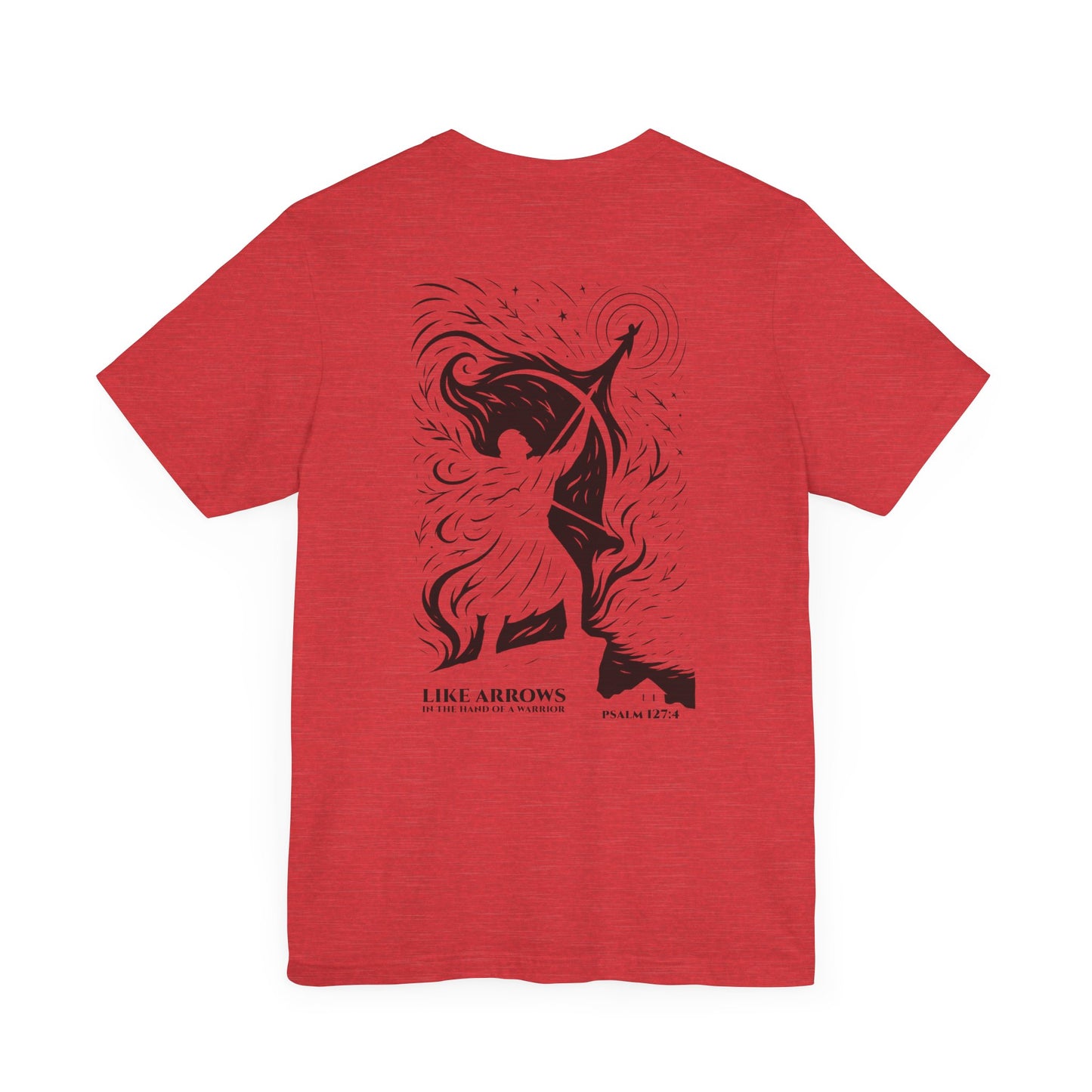 Like Arrows Psalm 127:4 Christian t-shirt showing warrior drawing bow with child-shaped arrow design