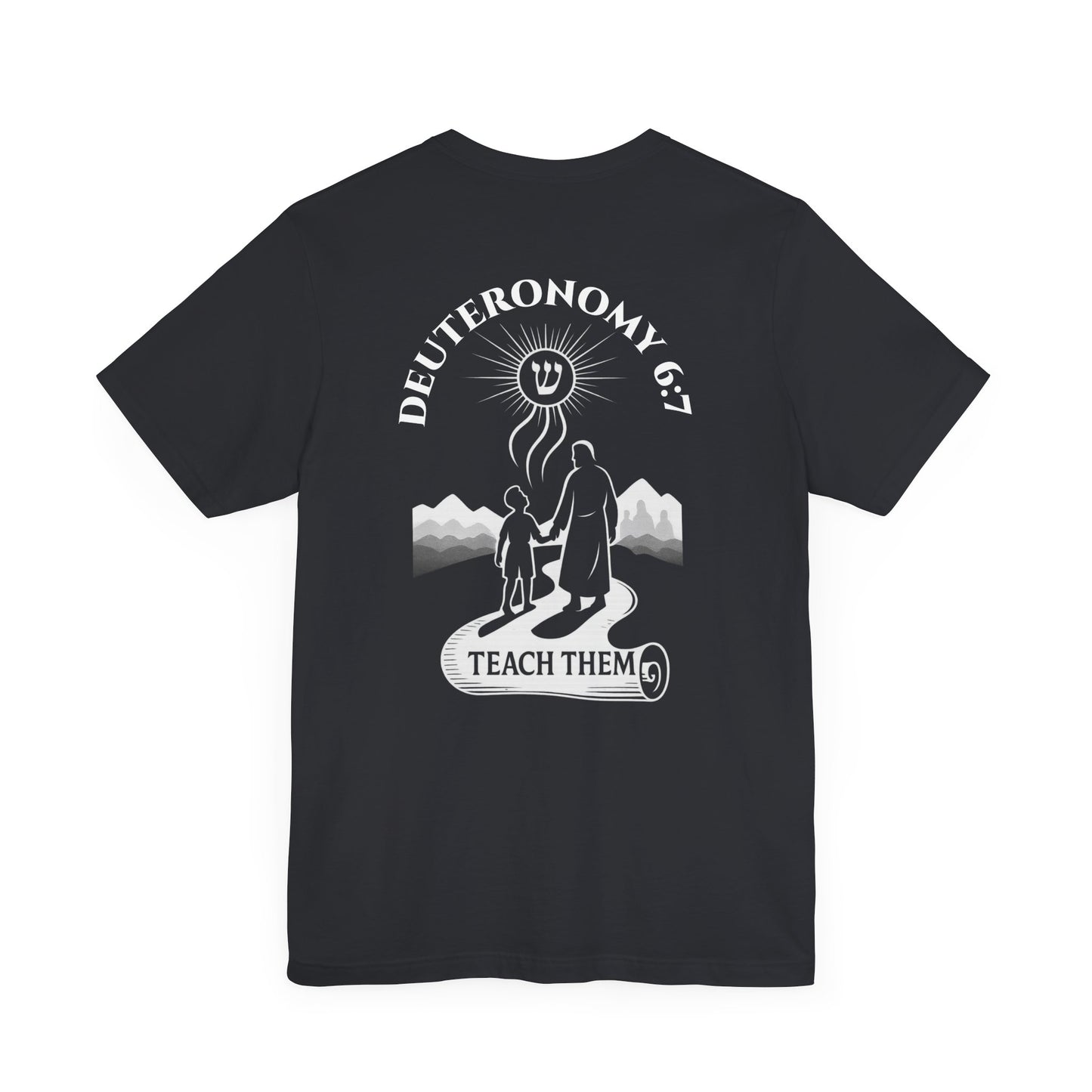 Deuteronomy 6:7 Christian t-shirt with 'Teach Them Diligently' vintage design showing scripture text and symbolic imagery