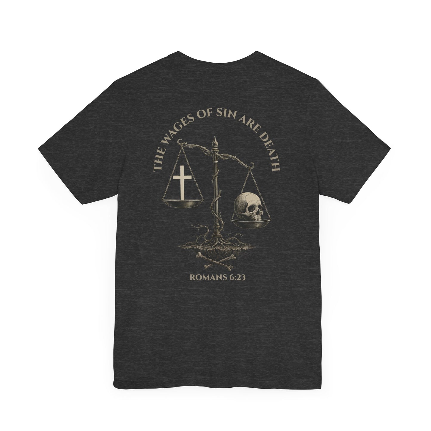 Back view of Romans 6:23 Christian t-shirt showing gospel message design