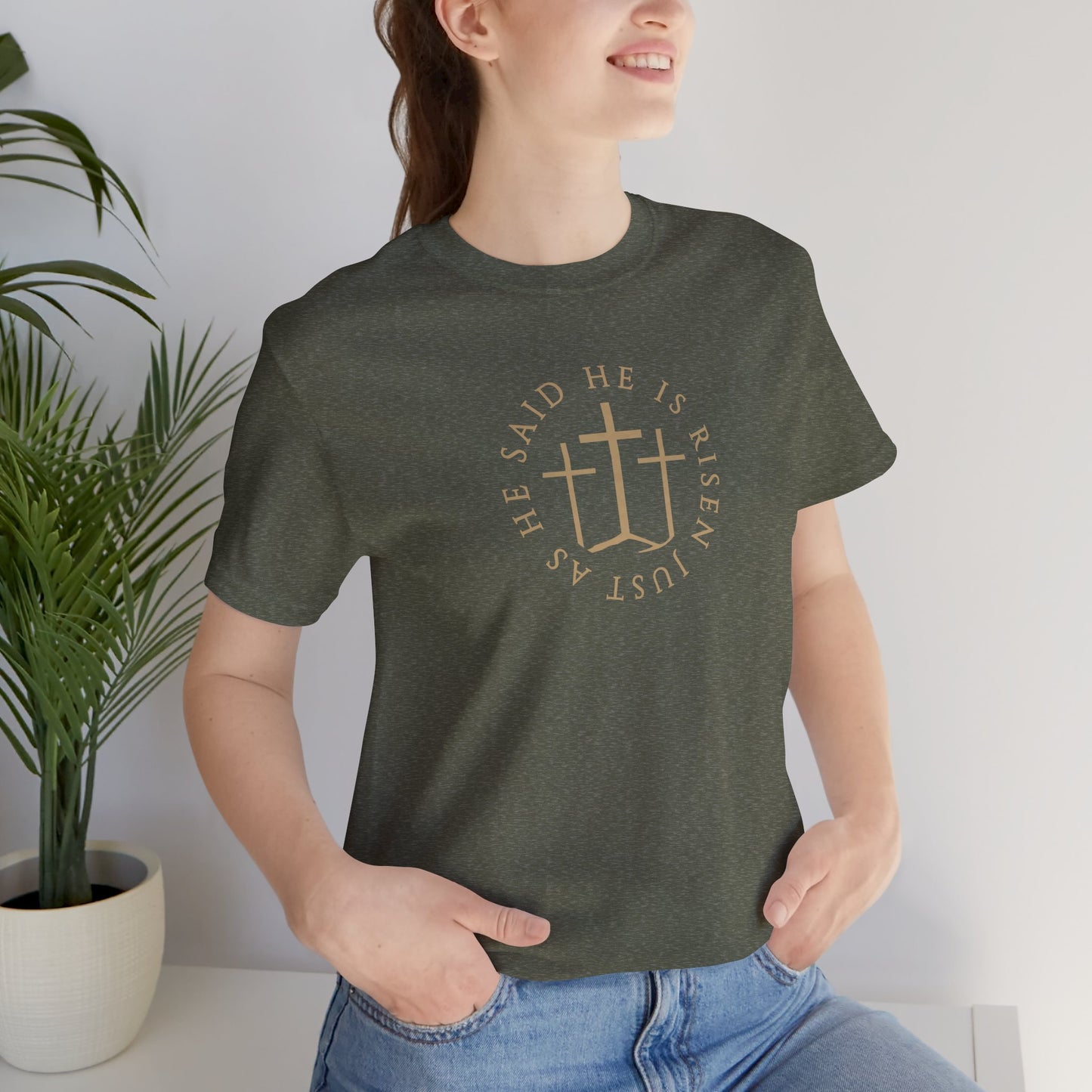 Risen Cross – Matthew 28:6 Short Sleeve Tee (Front Print)
