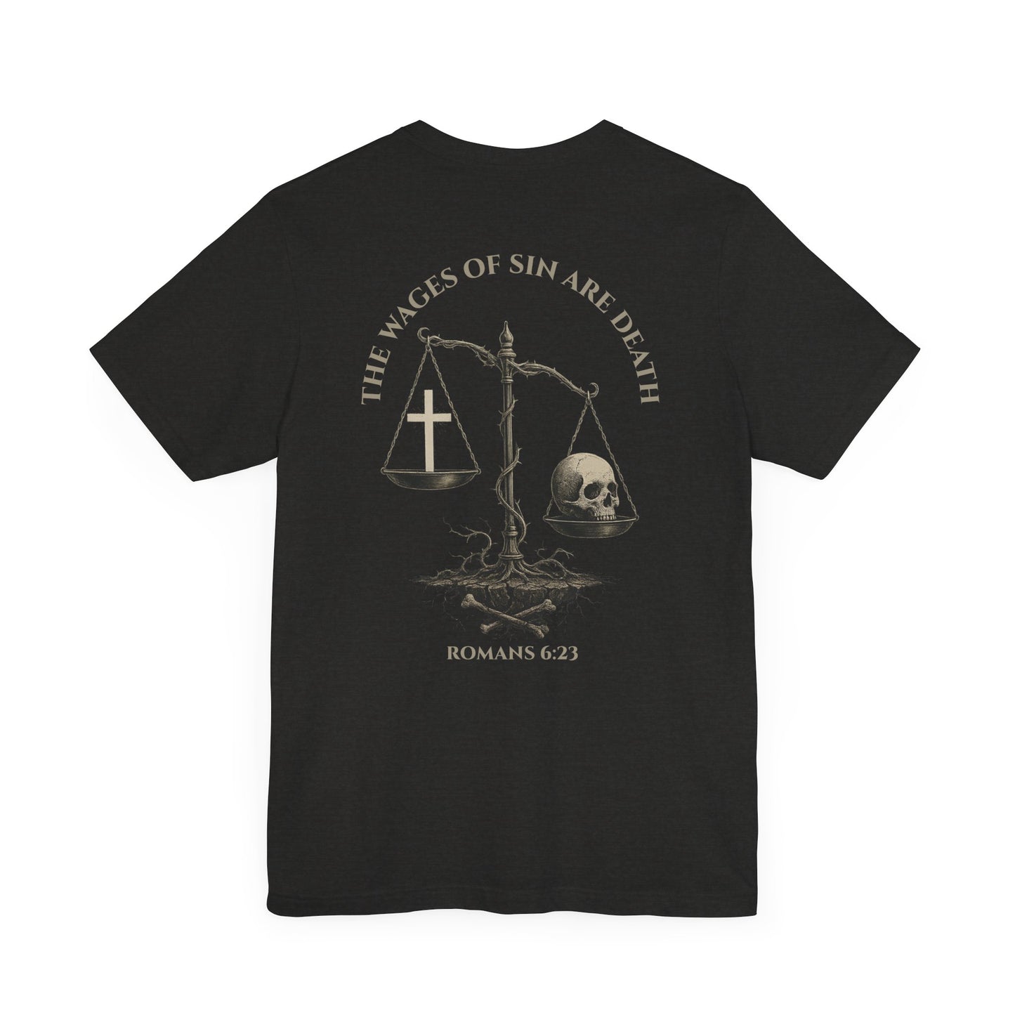 Back view of Romans 6:23 Christian t-shirt showing gospel message design