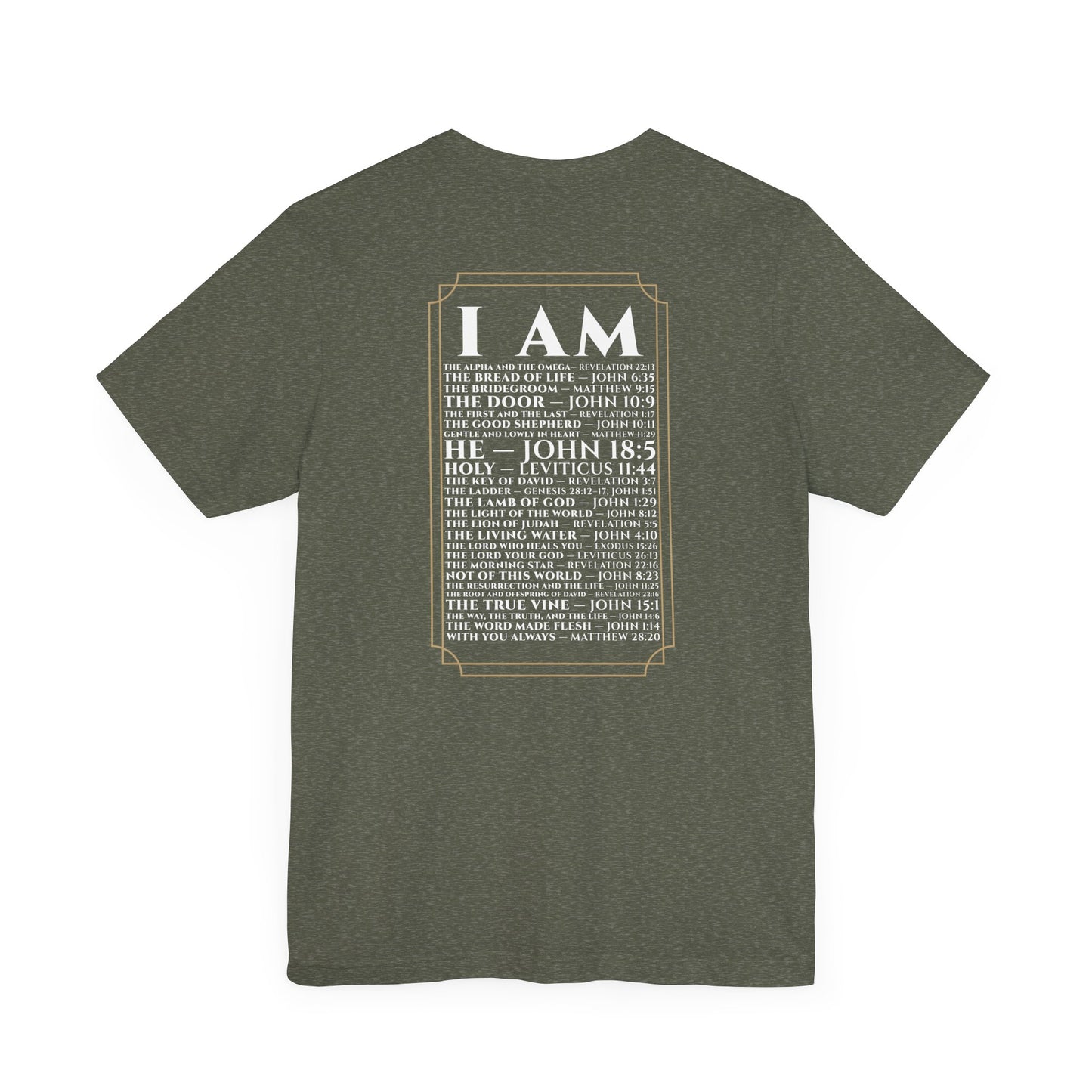 Back view of The Great I AM Christian t-shirt showing biblical design
