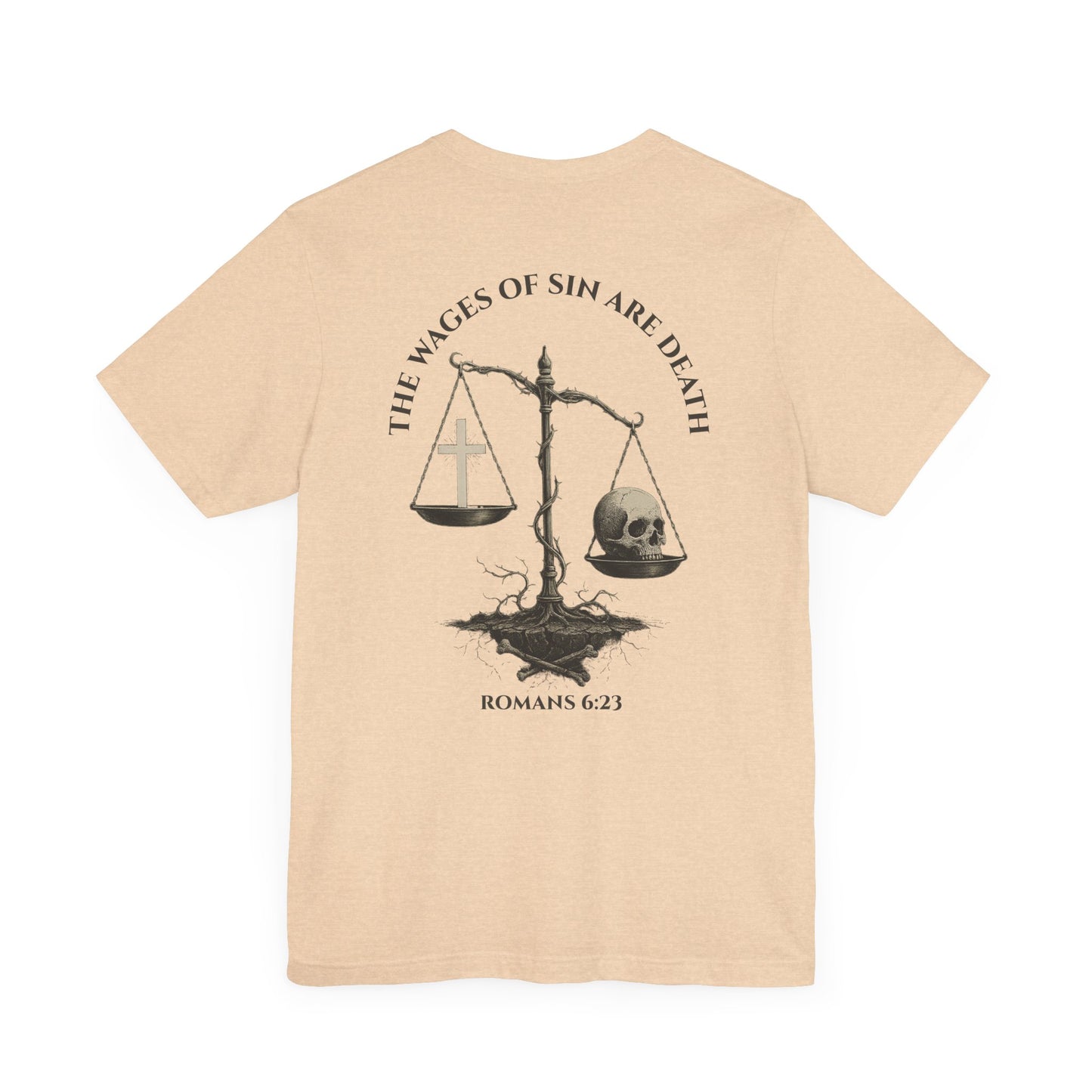 Back view of Romans 6:23 Christian t-shirt showing gospel message design