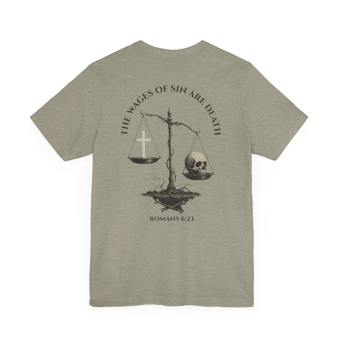 Back view of Romans 6:23 Christian t-shirt showing gospel message design