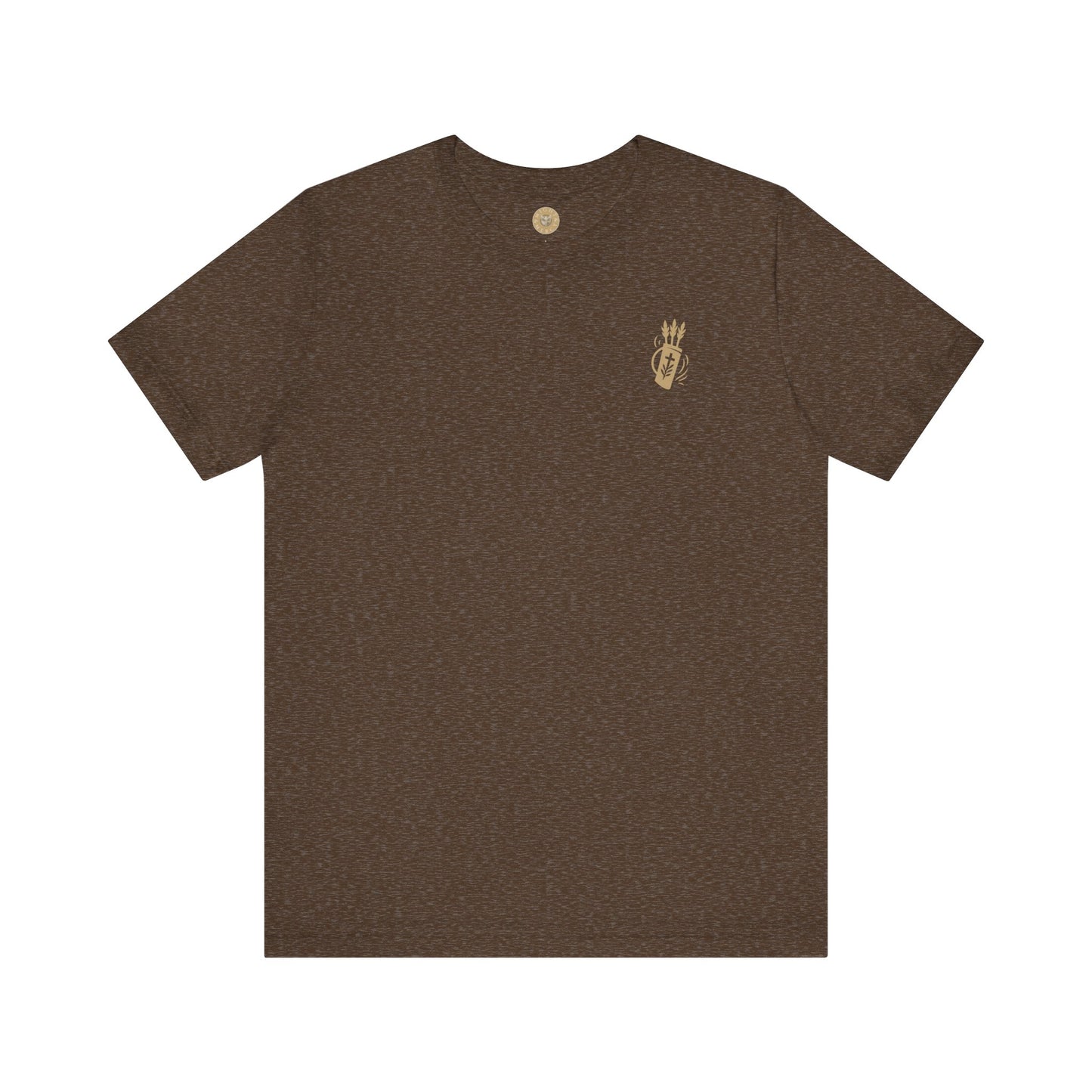 Heather Brown Christian t-shirt with Like Arrows Psalm 127:4 design featuring small quiver of arrows over the heart