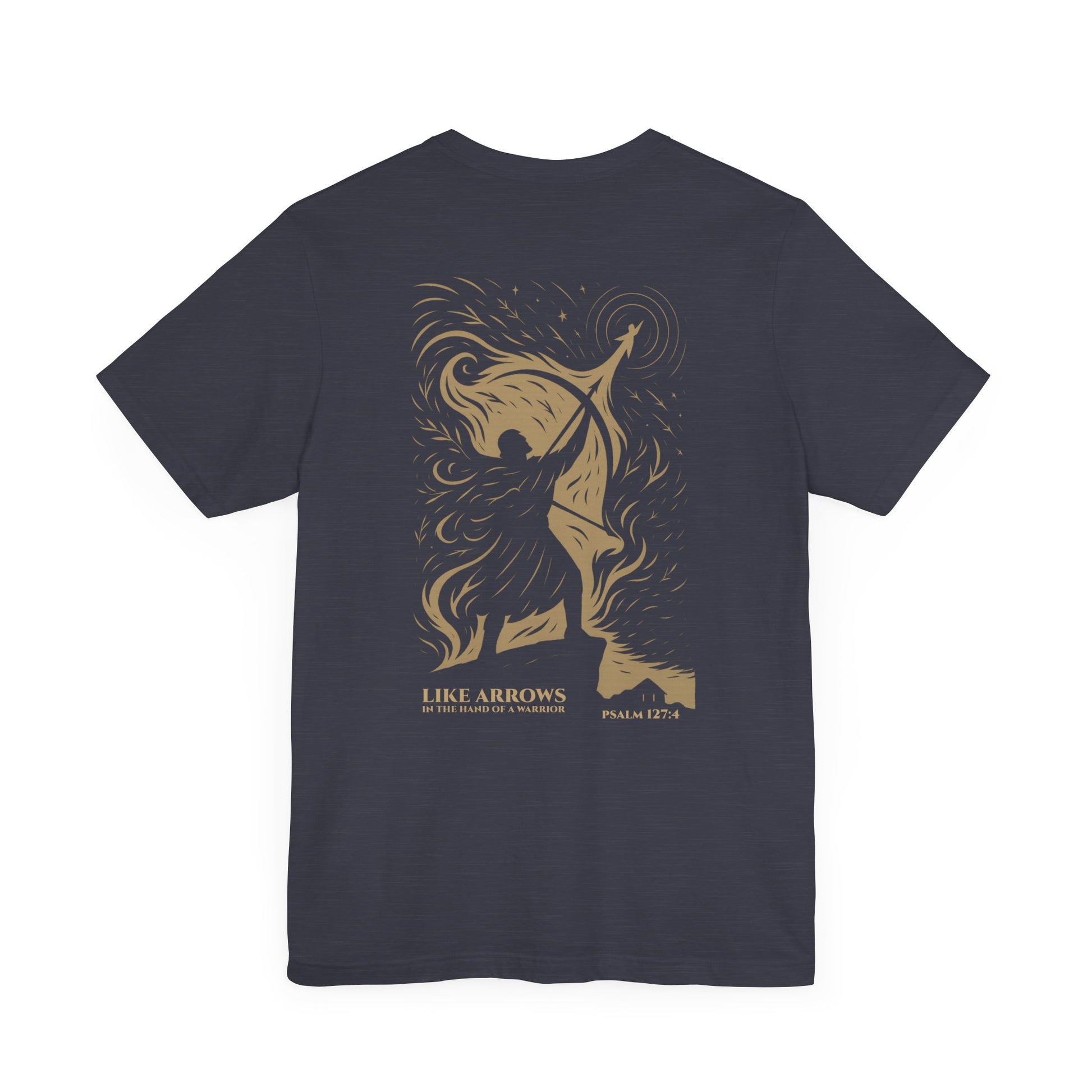 Like Arrows Psalm 127:4 Christian t-shirt showing warrior drawing bow with child-shaped arrow design