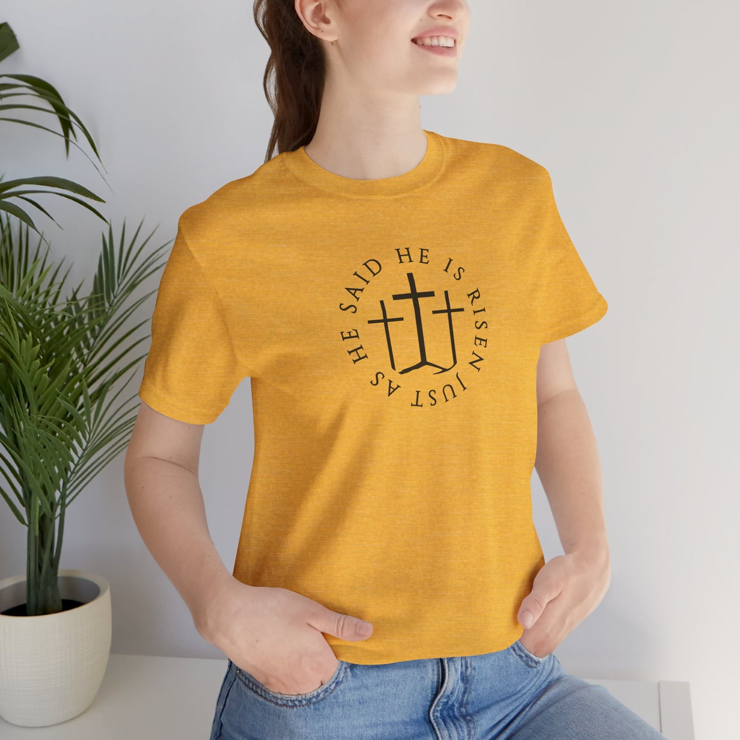 Risen Cross – Matthew 28:6 Short Sleeve Tee (Front Print)