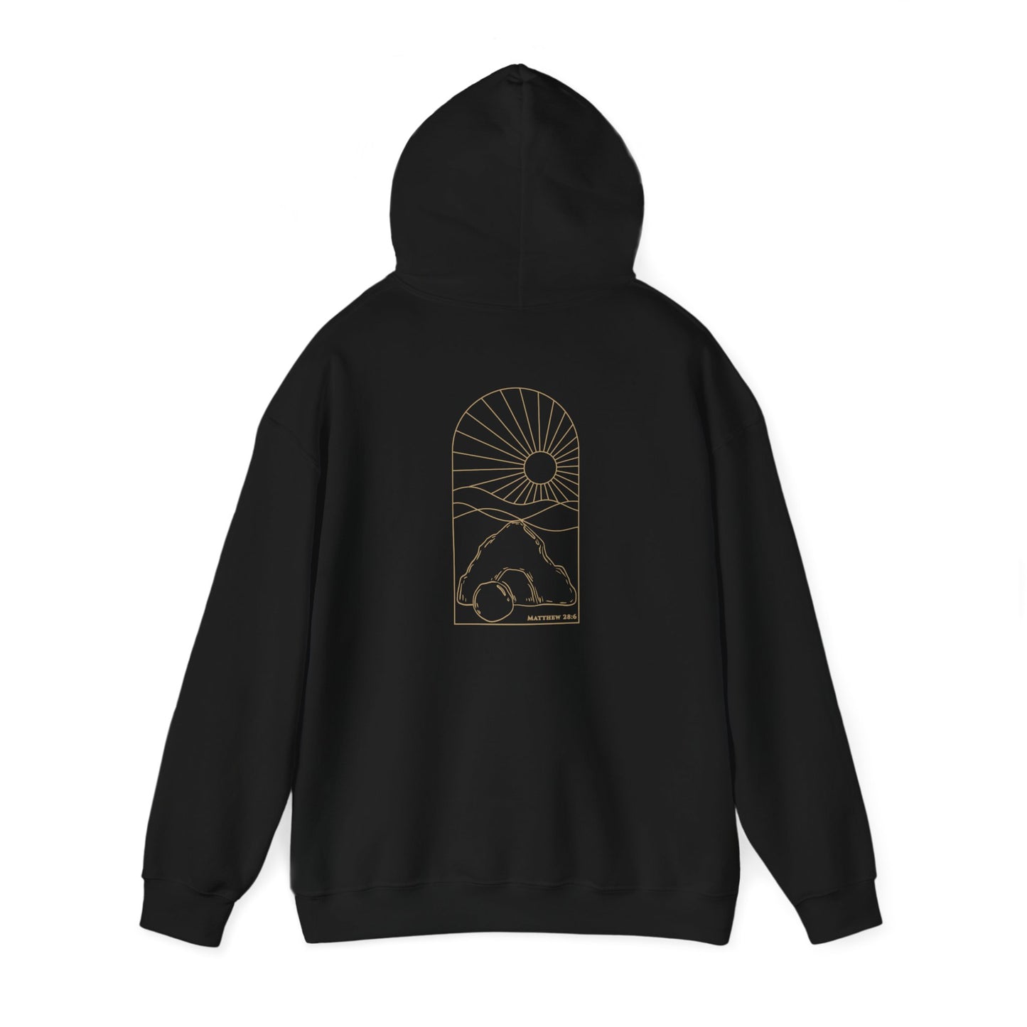 Risen Tomb – Matthew 28:6 Hoodie (Back Print)