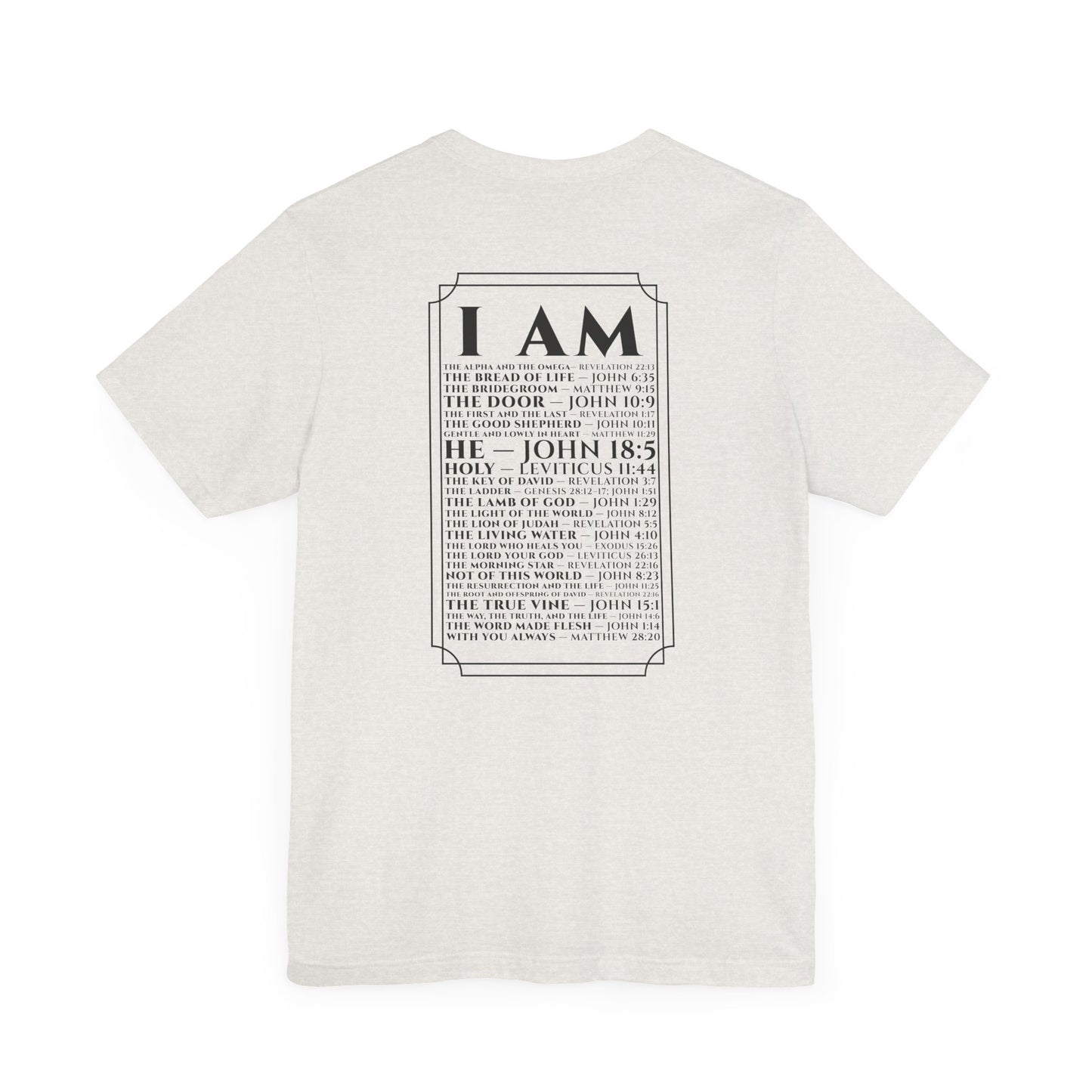 Back view of The Great I AM Christian t-shirt showing biblical design