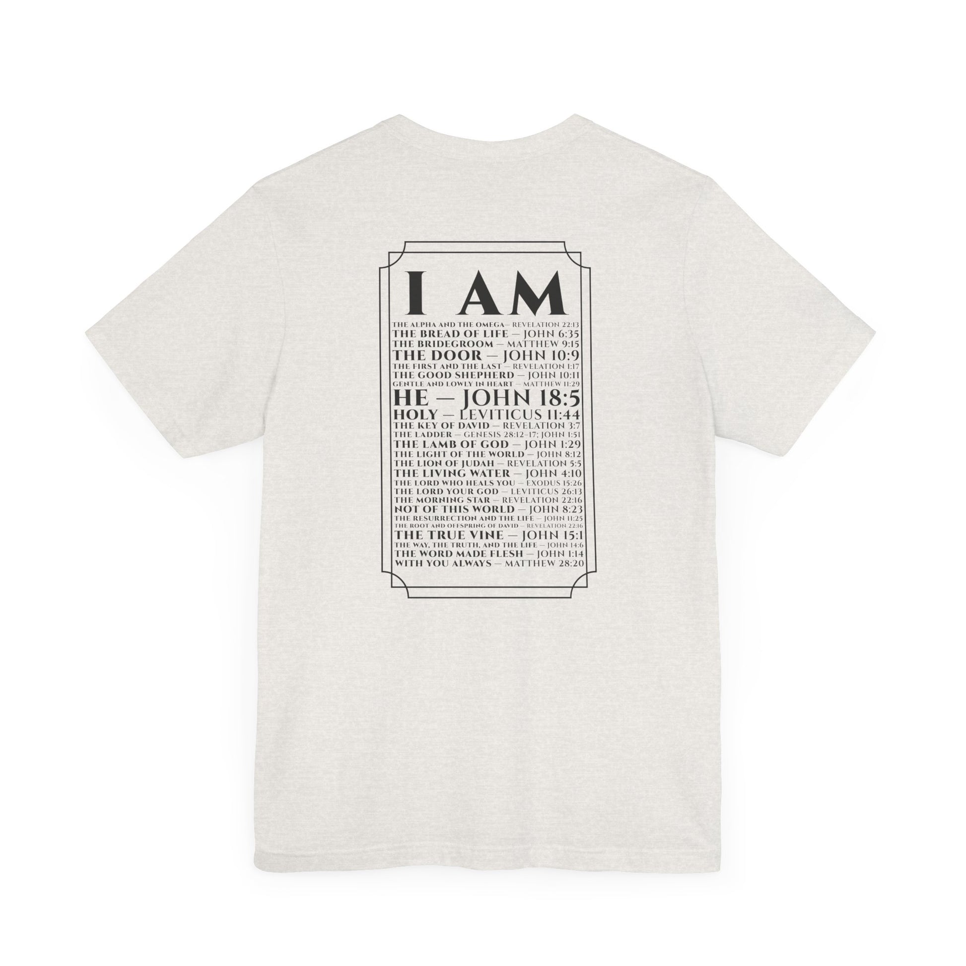 Back view of The Great I AM Christian t-shirt showing biblical design