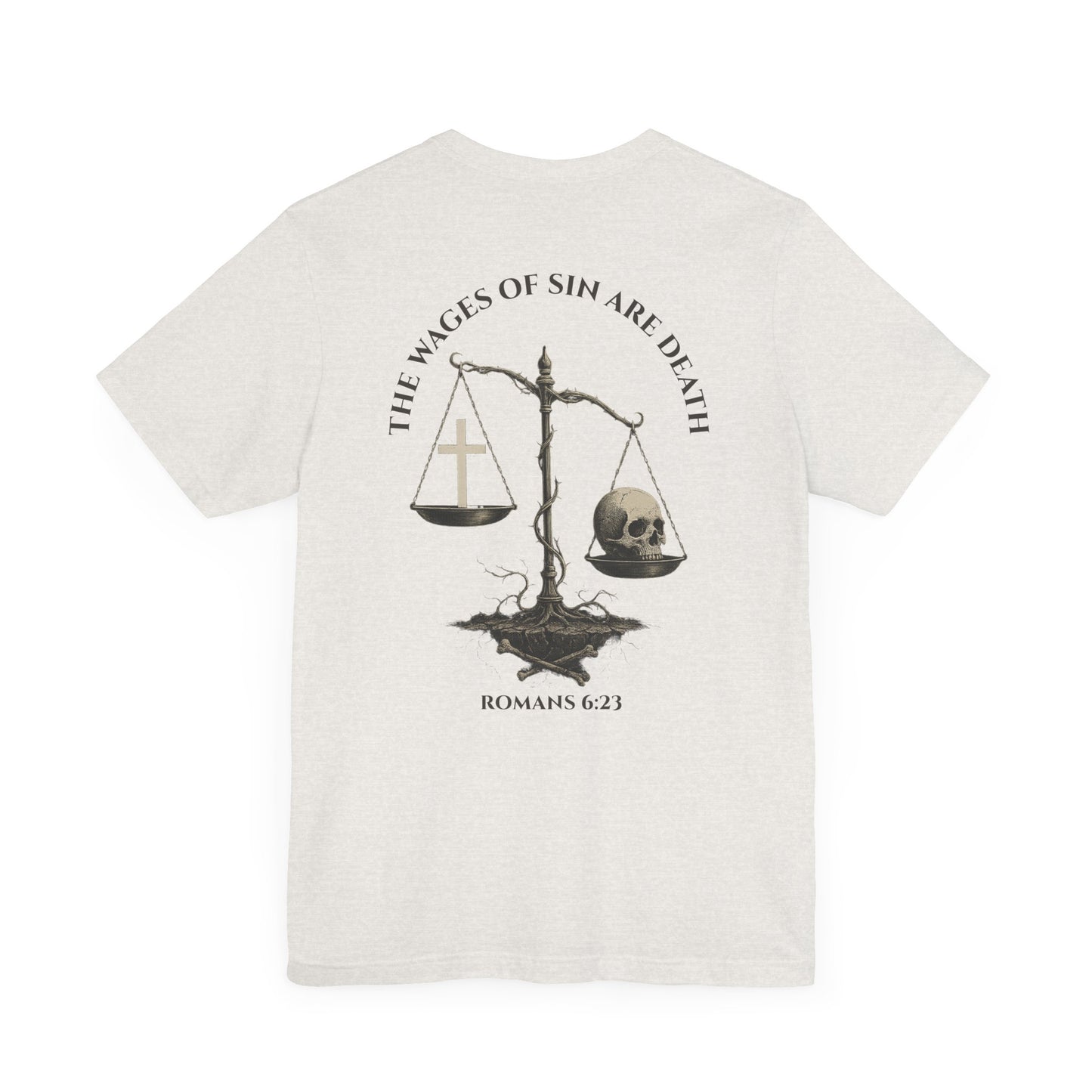 Back view of Romans 6:23 Christian t-shirt showing gospel message design