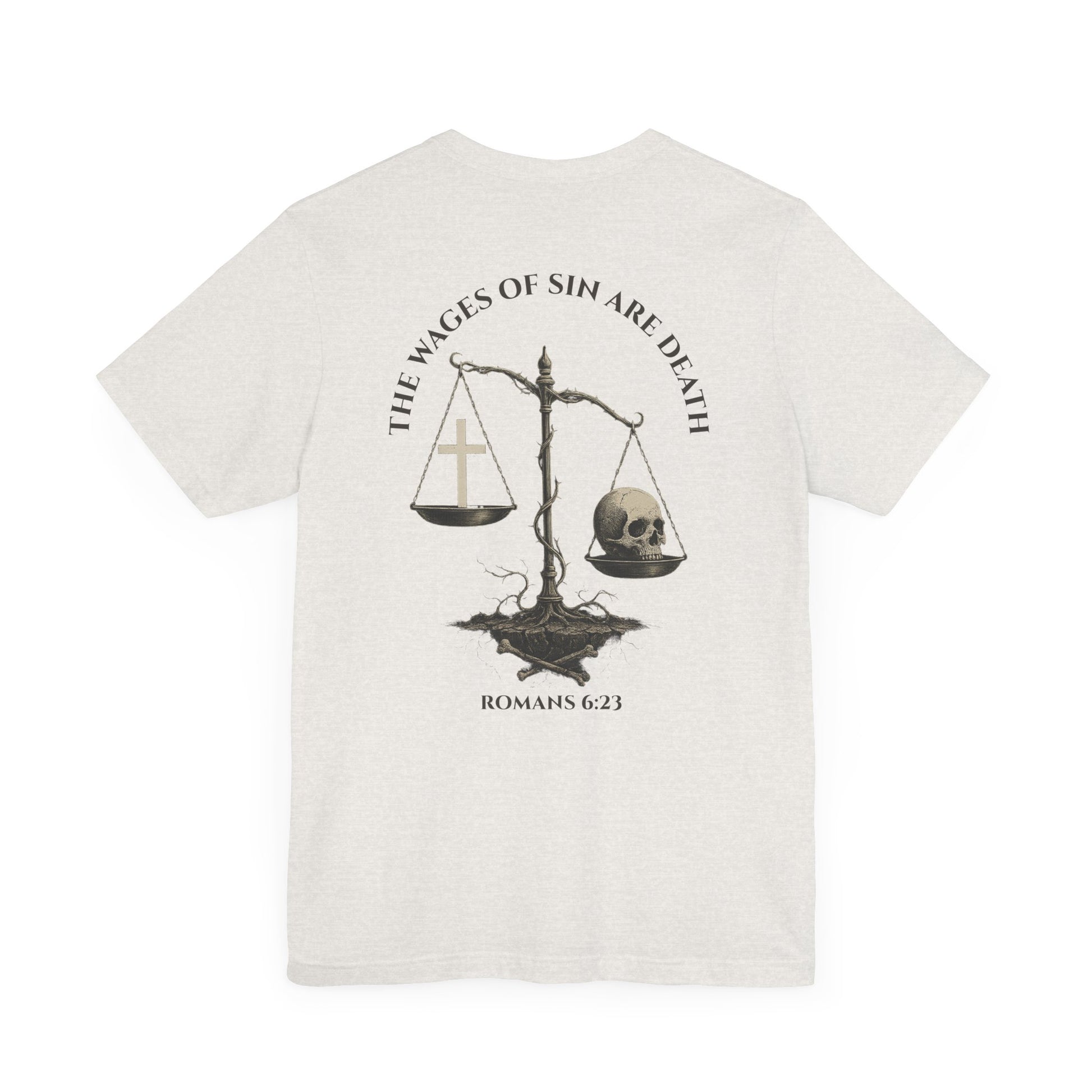 Back view of Romans 6:23 Christian t-shirt showing gospel message design