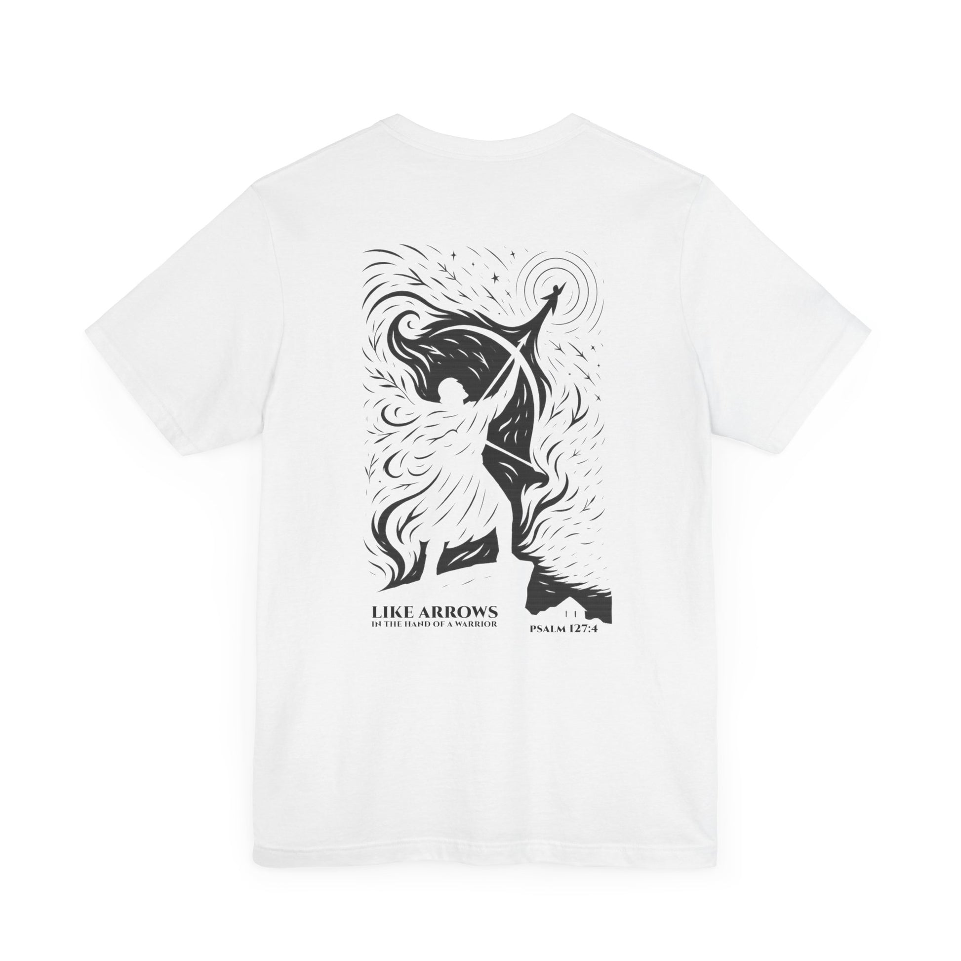 Like Arrows Psalm 127:4 Christian t-shirt showing warrior drawing bow with child-shaped arrow design