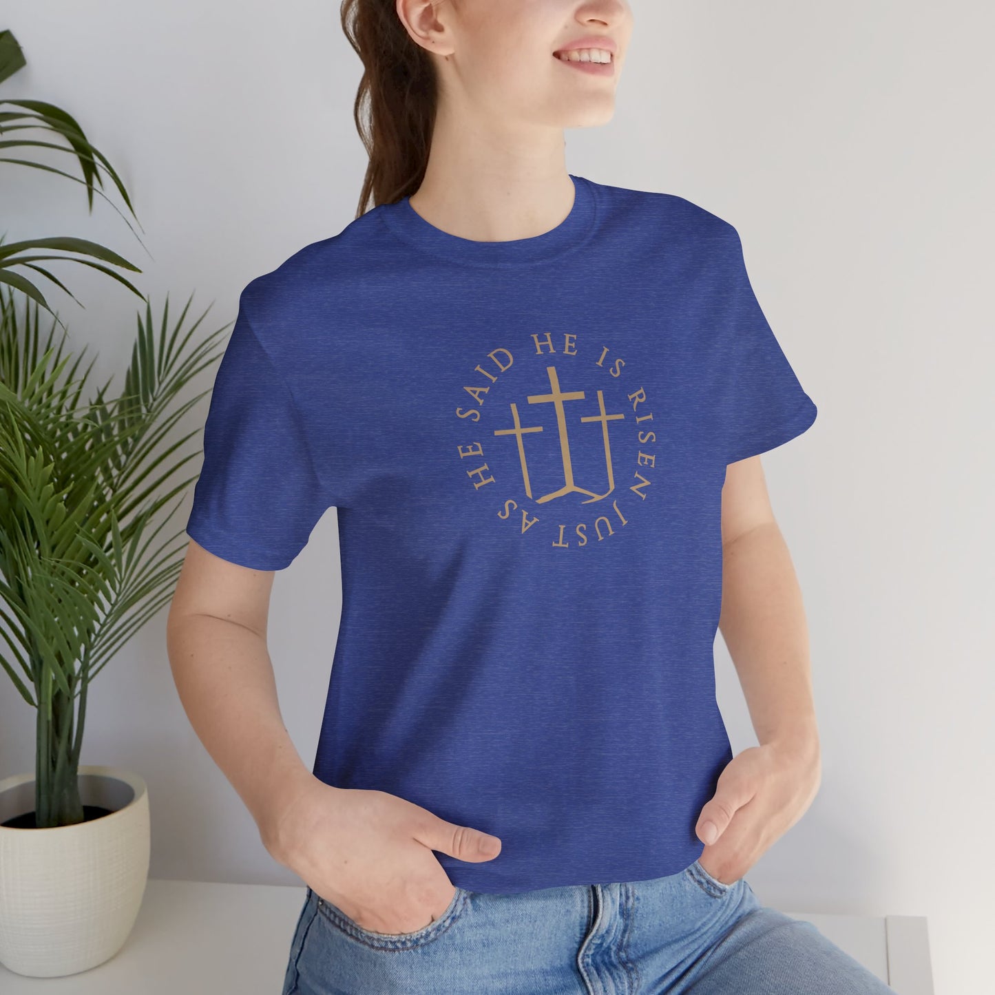 Risen Cross – Matthew 28:6 Short Sleeve Tee (Front Print)