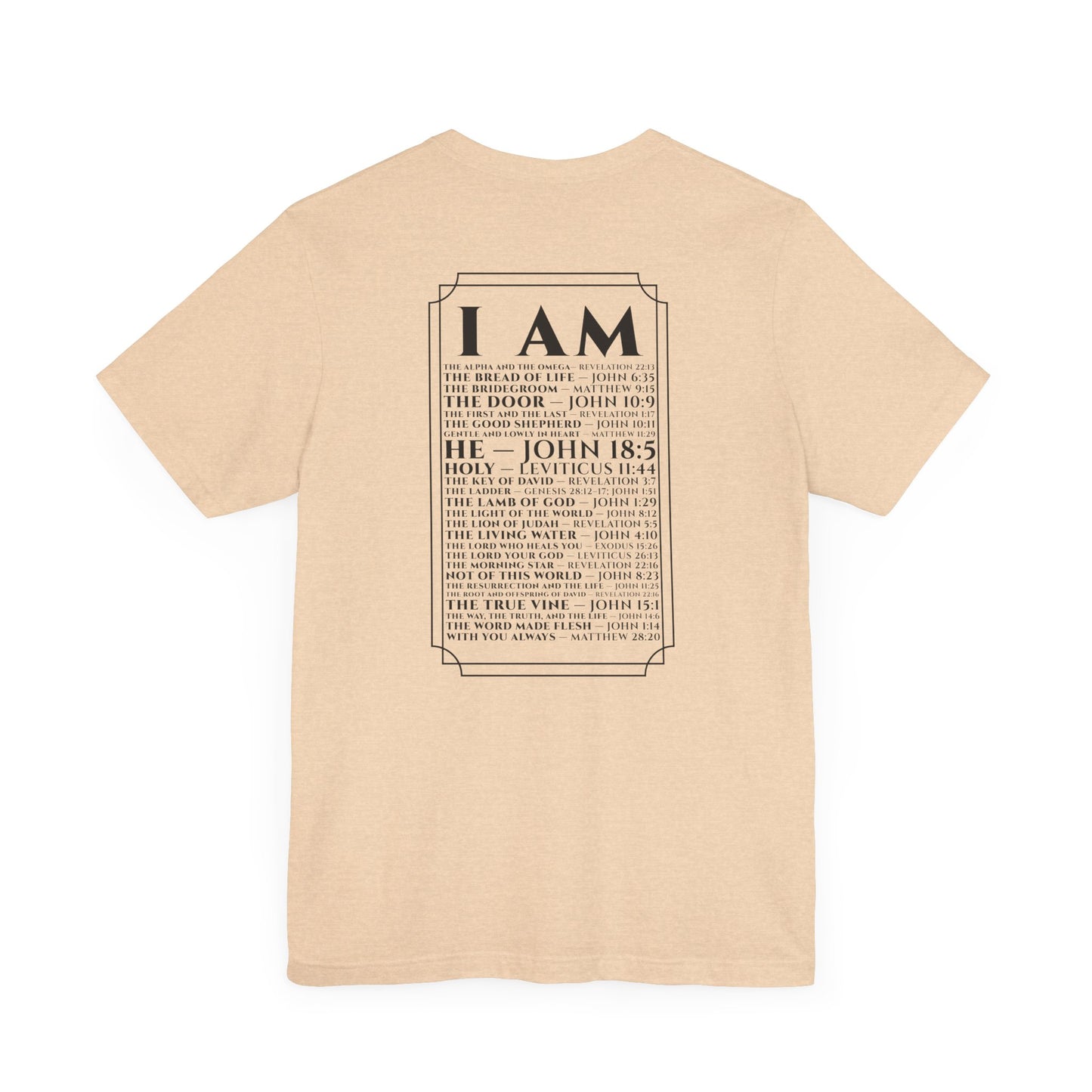 Back view of The Great I AM Christian t-shirt showing biblical design