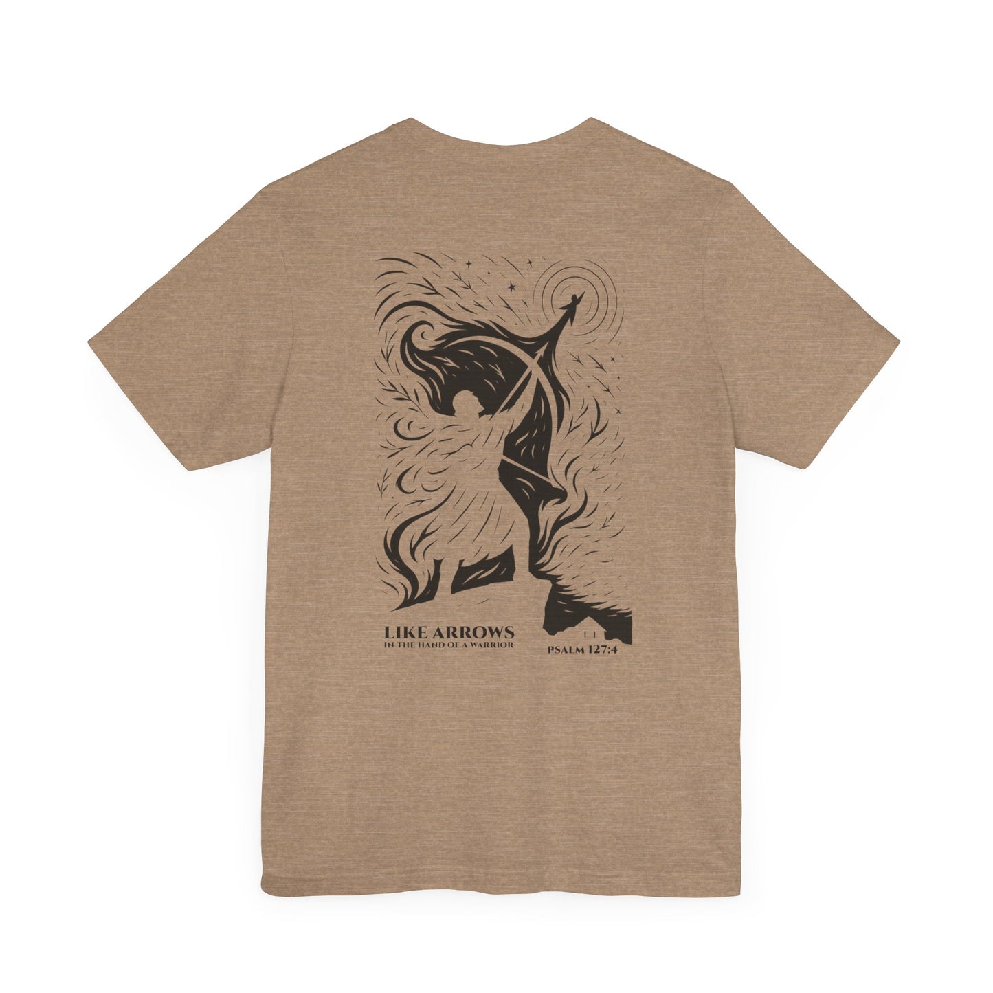 Like Arrows Psalm 127:4 Christian t-shirt showing warrior drawing bow with child-shaped arrow design