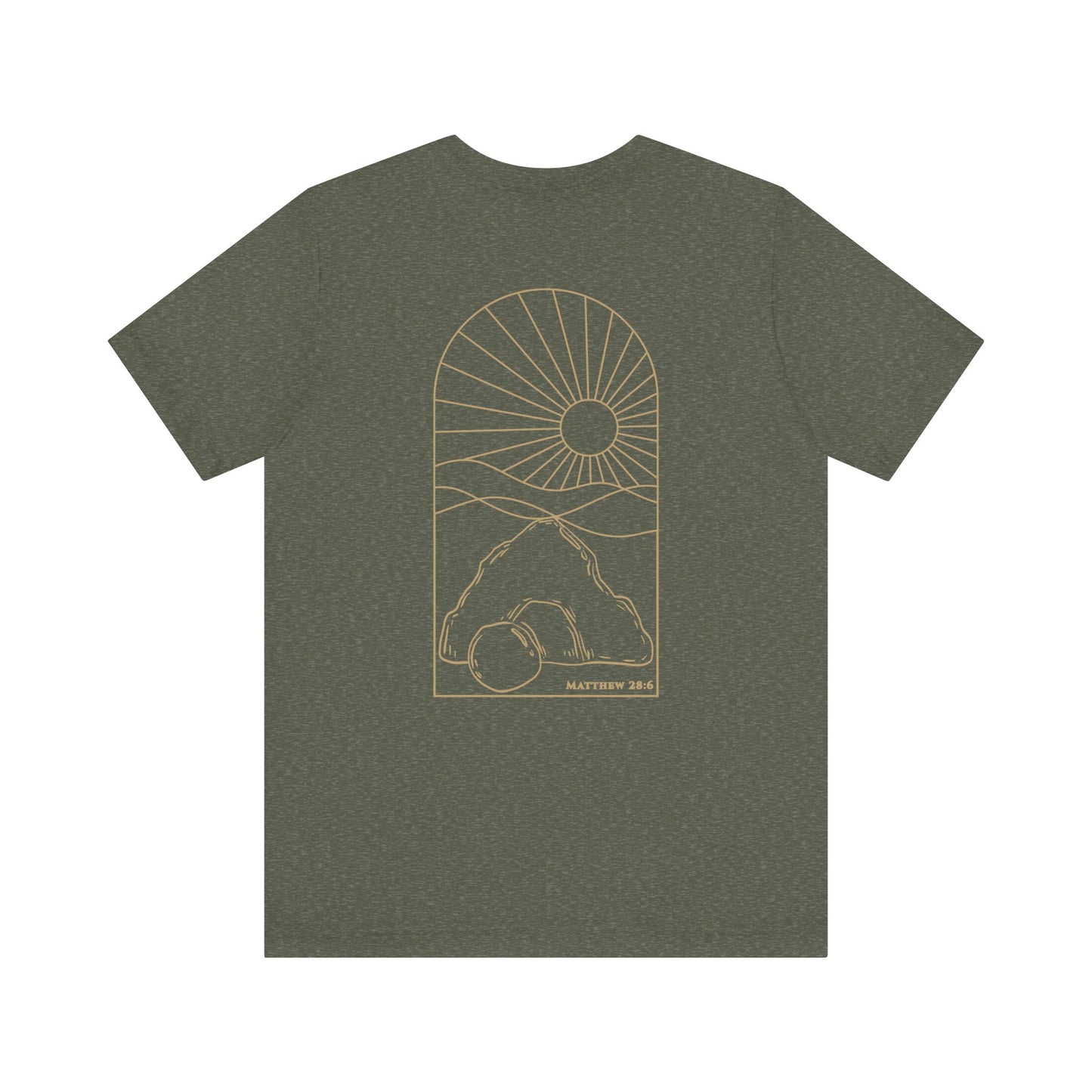 Risen Tomb – Matthew 28:6 Short Sleeve Tee (Back Print)