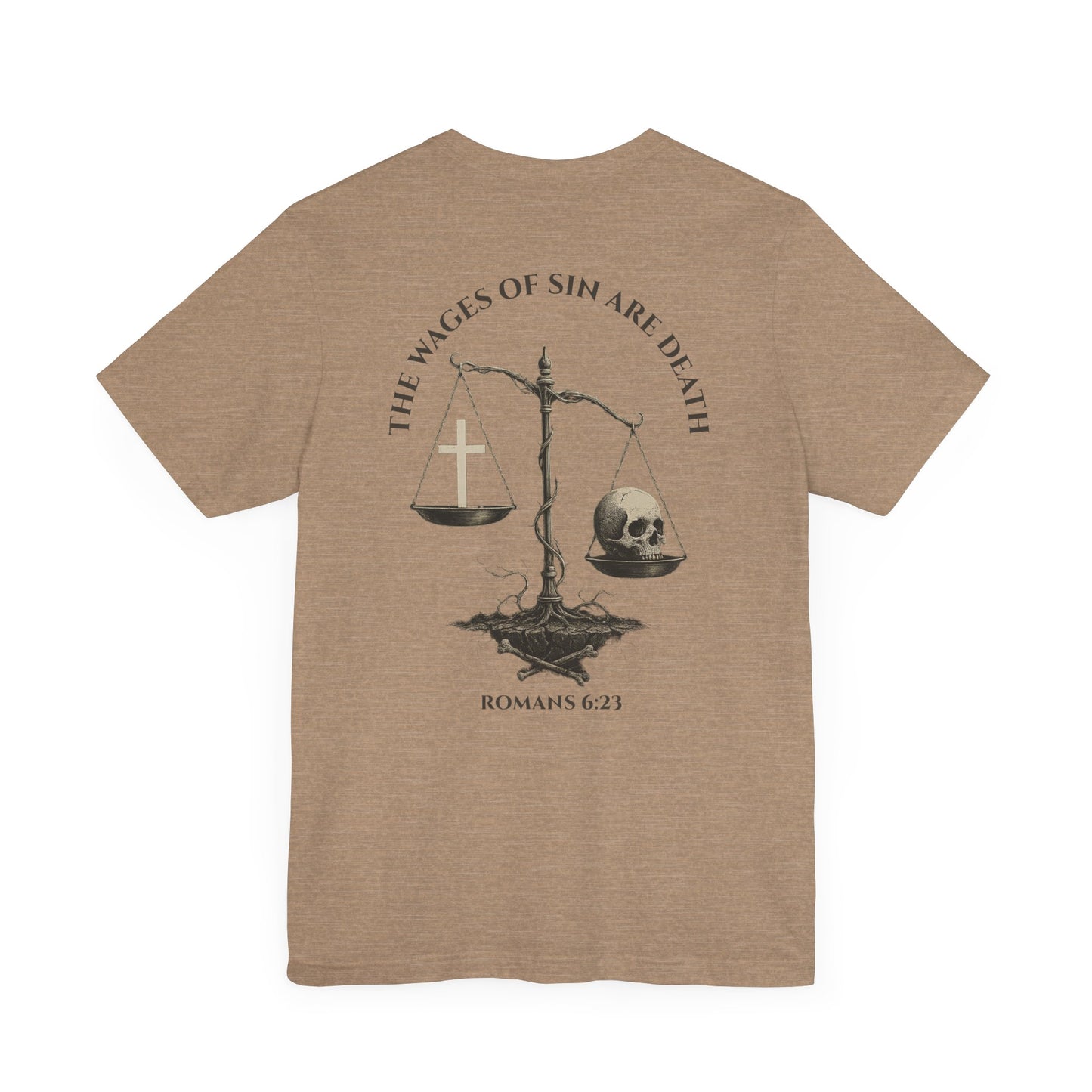 Back view of Romans 6:23 Christian t-shirt showing gospel message design