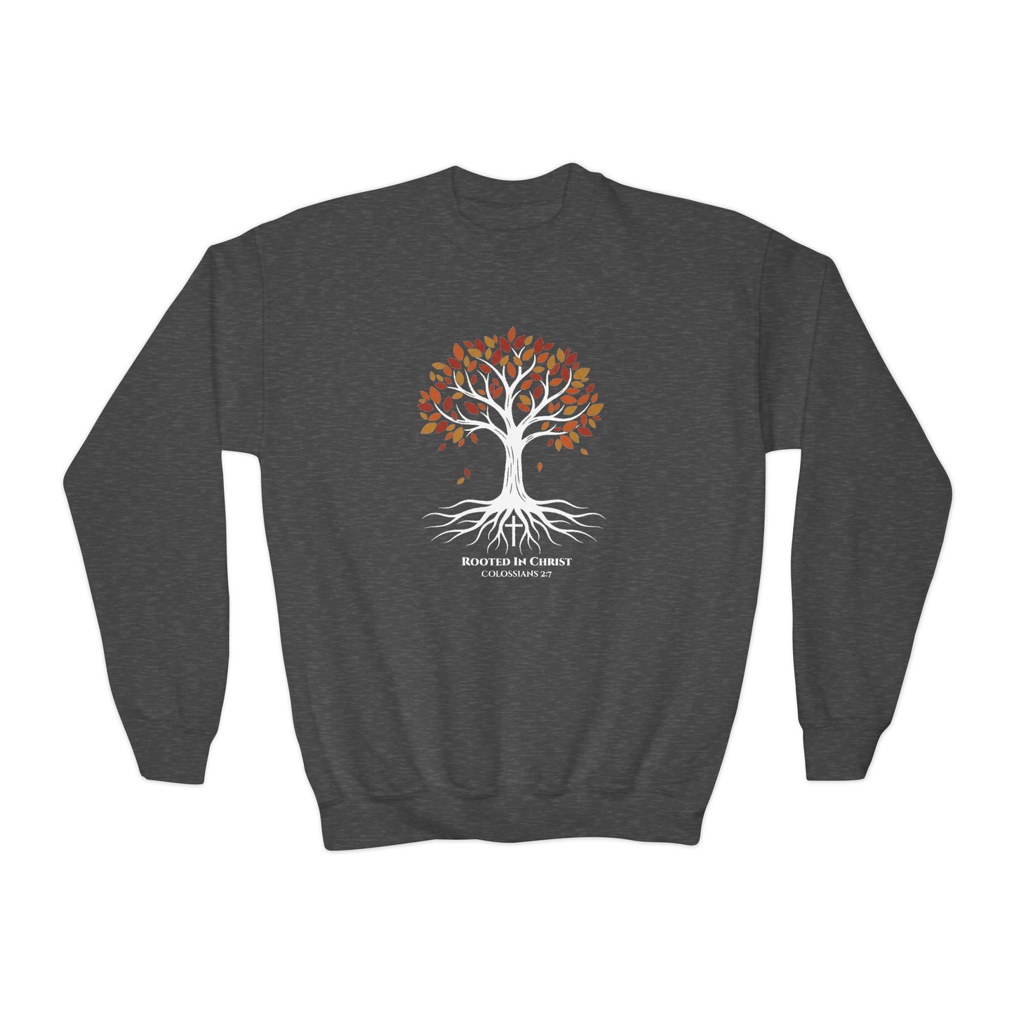 Rooted In Christ – Colossians 2:7 Youth Christian Fall Crewneck