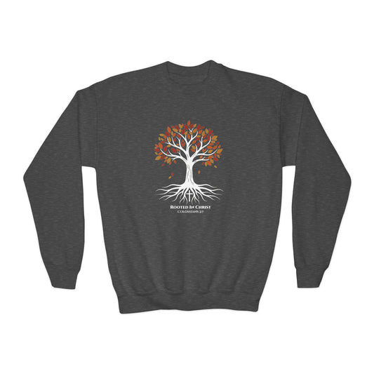 Rooted In Christ – Colossians 2:7 Youth Christian Fall Crewneck