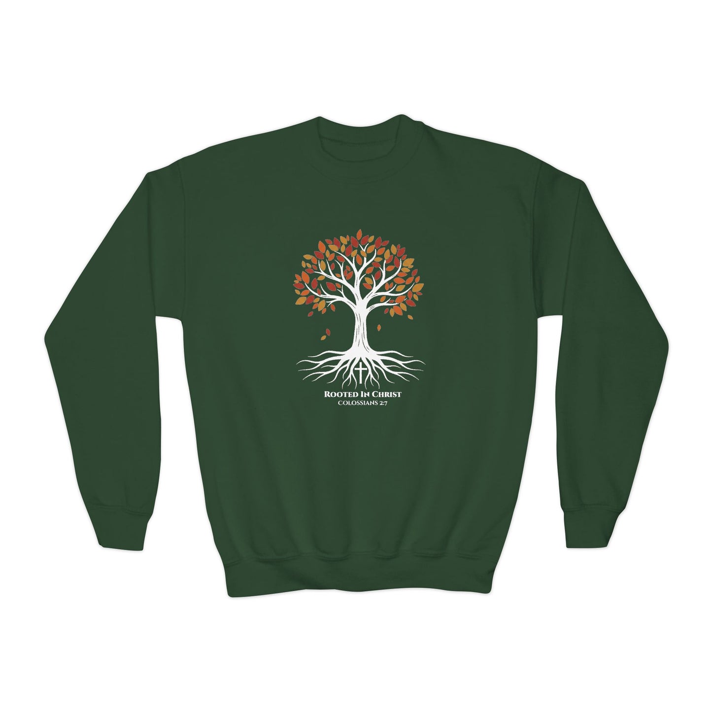 Rooted In Christ – Colossians 2:7 Youth Christian Fall Crewneck