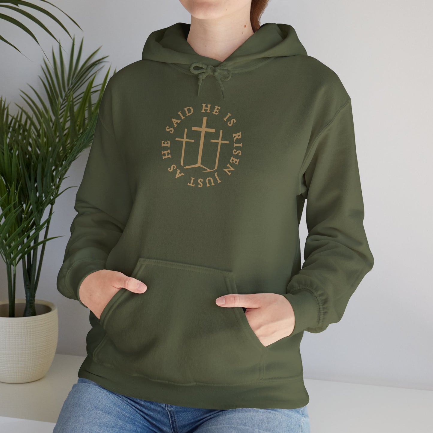 Risen Cross – Matthew 28:6 Hoodie (Front Print)