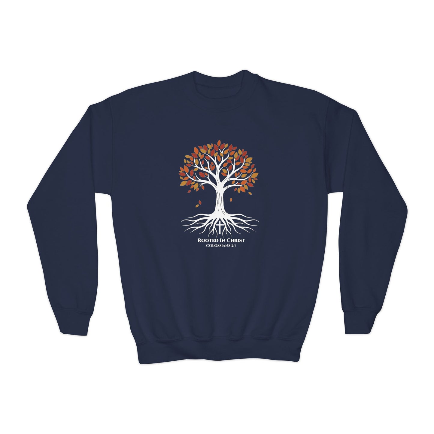 Rooted In Christ – Colossians 2:7 Youth Christian Fall Crewneck