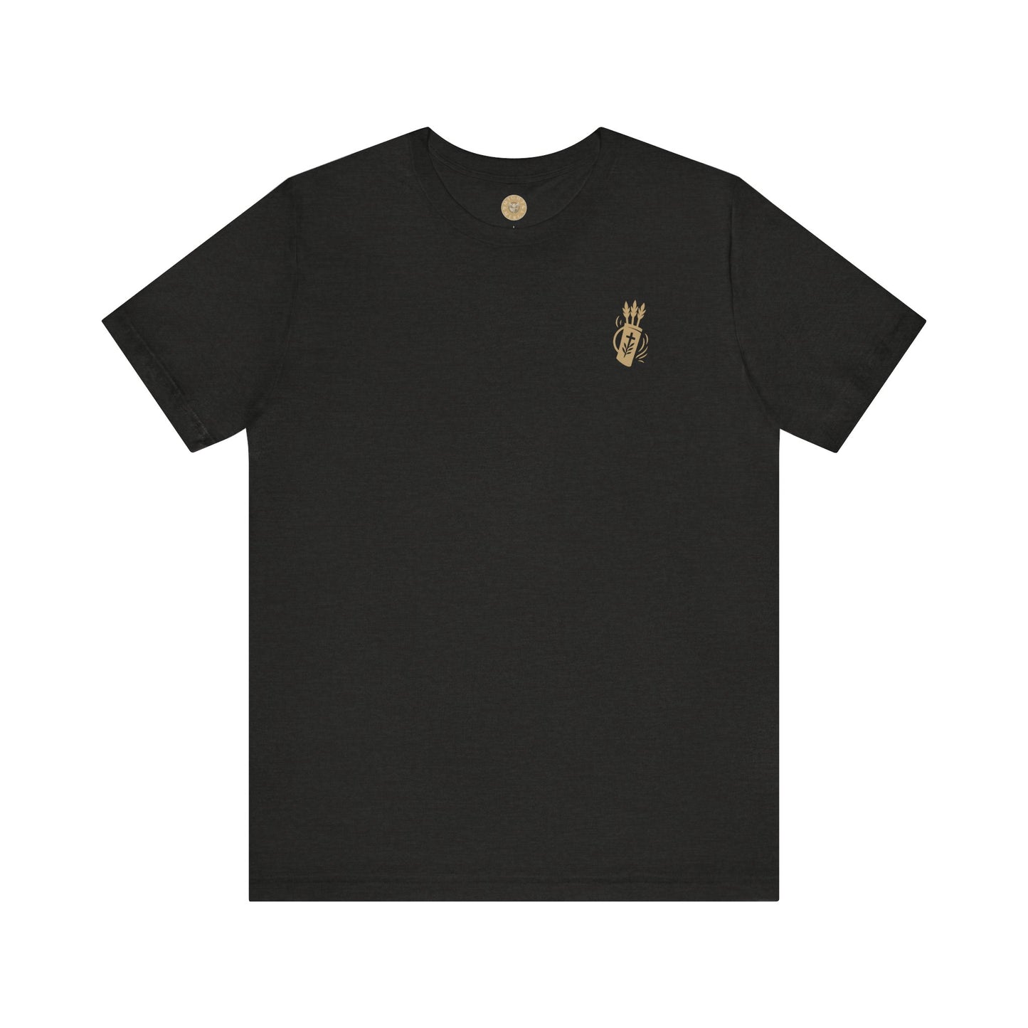 Black Christian t-shirt with Like Arrows Psalm 127:4 design featuring small quiver of arrows over the heart