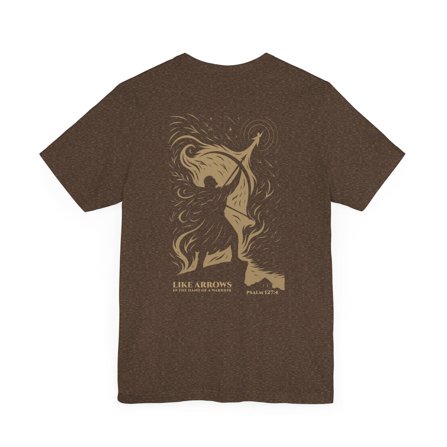 Like Arrows Psalm 127:4 Christian t-shirt showing warrior drawing bow with child-shaped arrow design