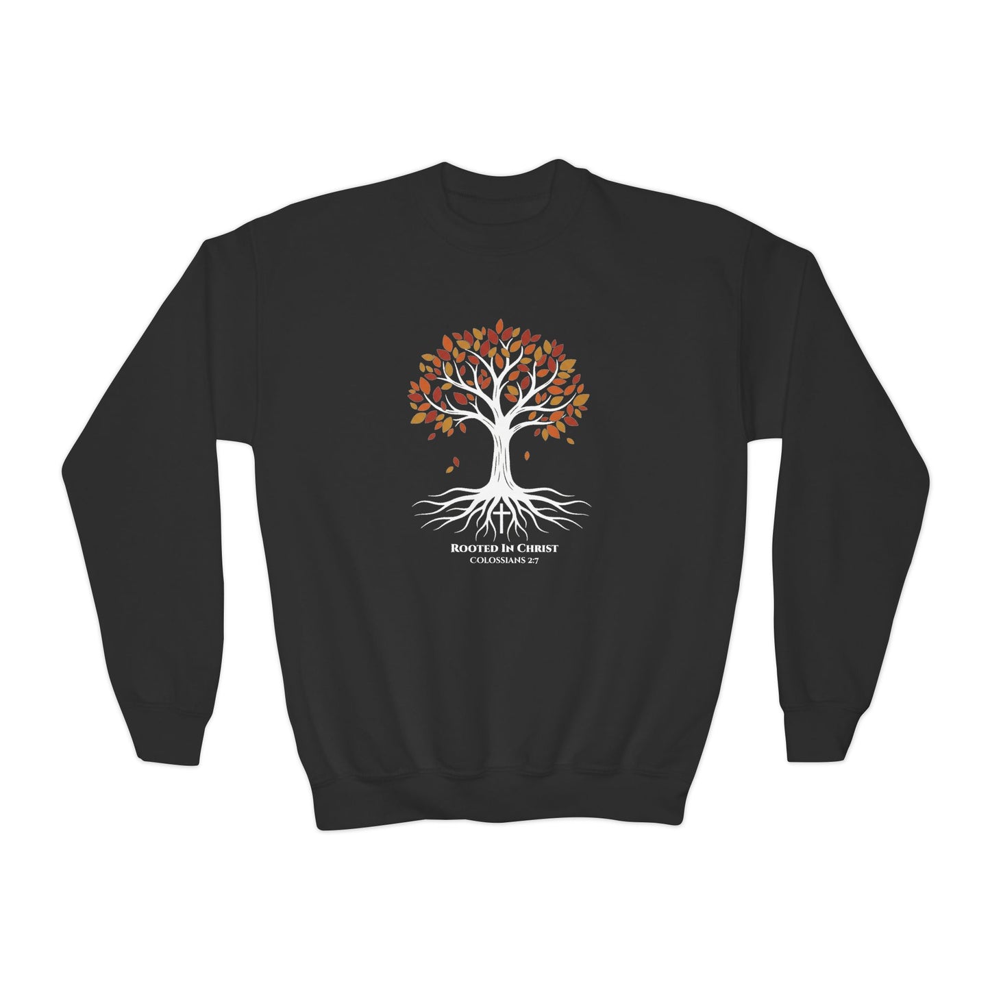 Rooted In Christ – Colossians 2:7 Youth Christian Fall Crewneck