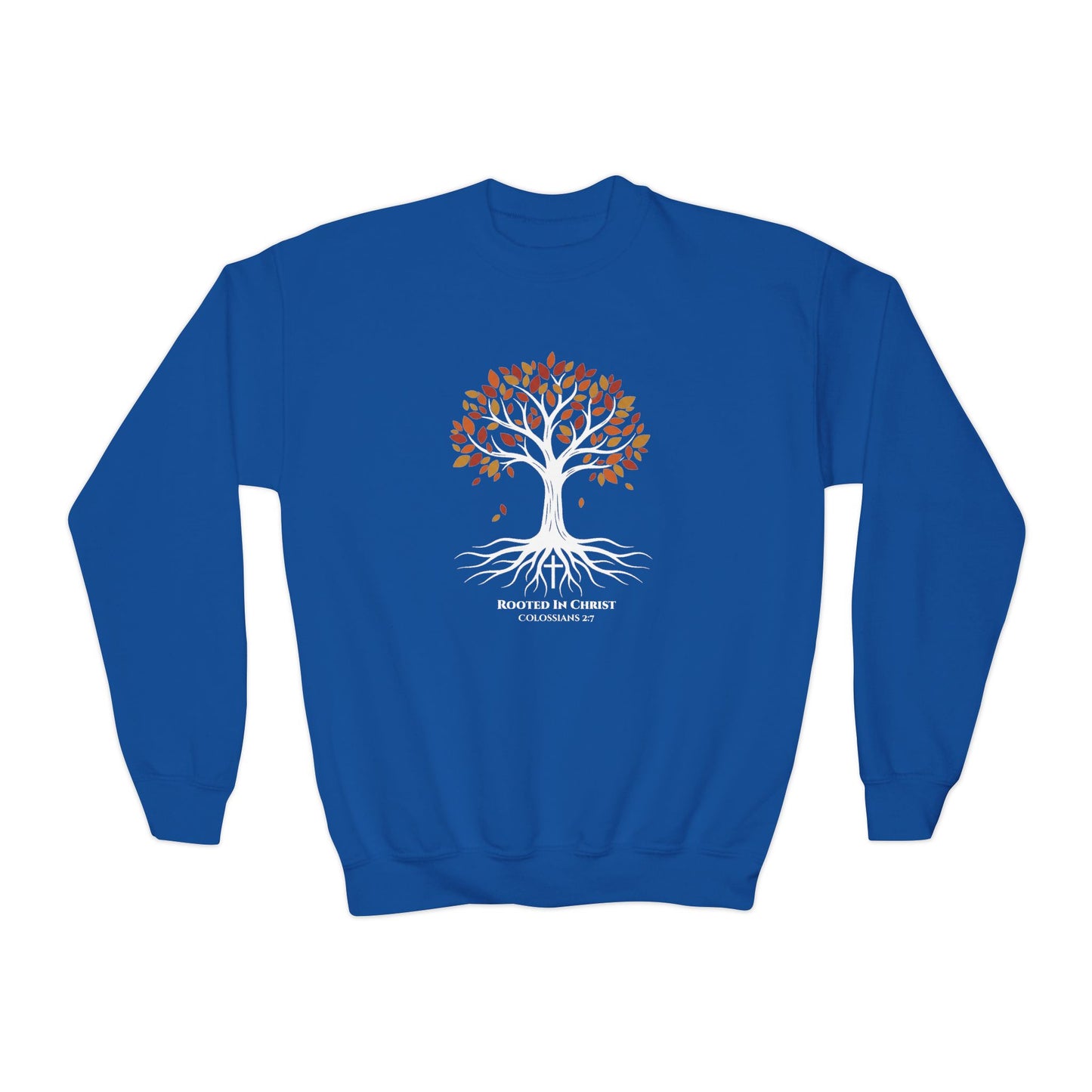 Rooted In Christ – Colossians 2:7 Youth Christian Fall Crewneck