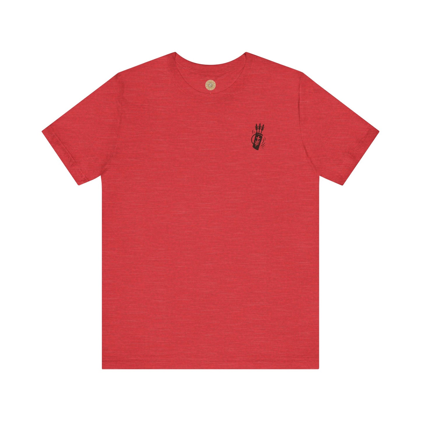 Heather Red Christian t-shirt with Like Arrows Psalm 127:4 design featuring small quiver of arrows over the heart