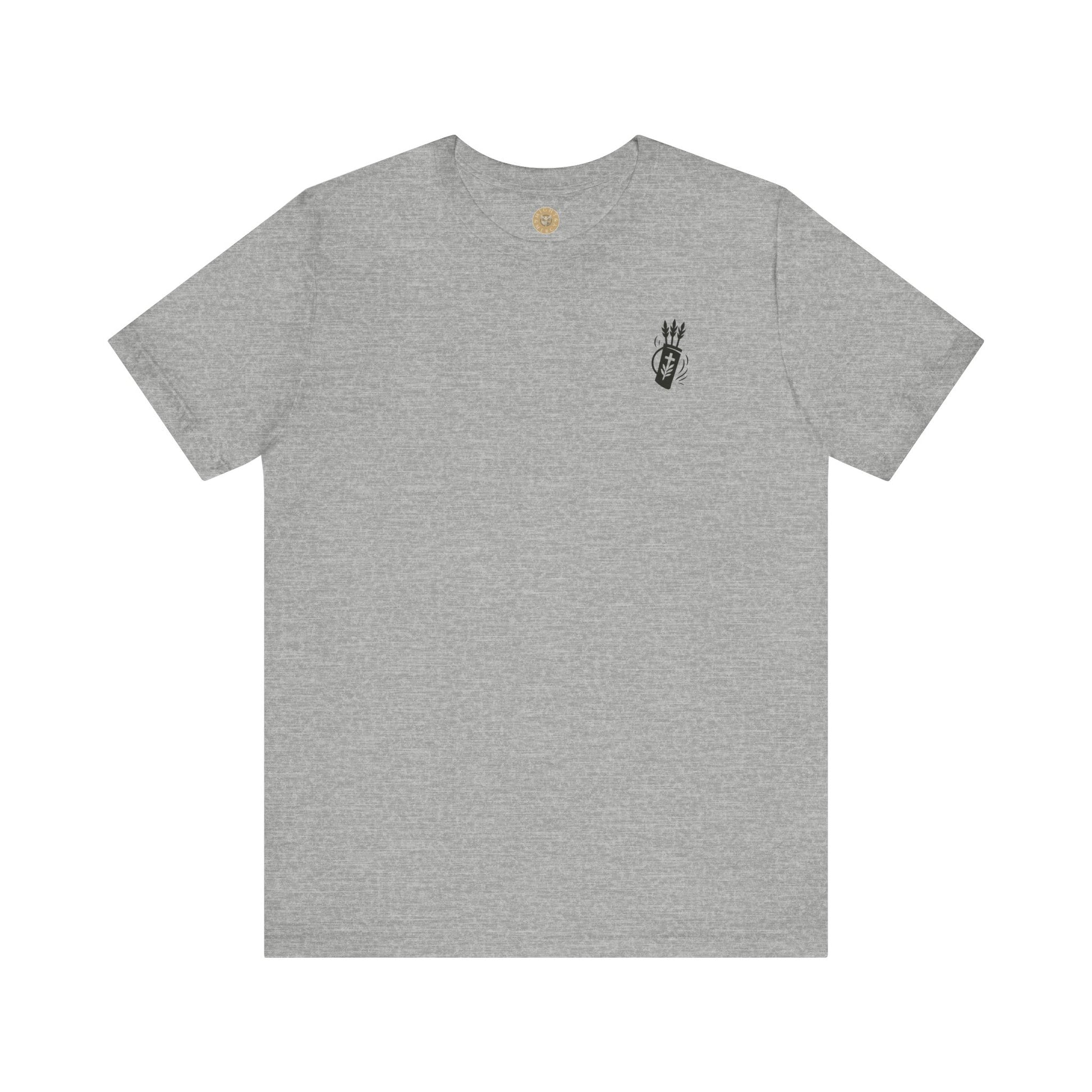 Heather Grey Christian t-shirt with Like Arrows Psalm 127:4 design featuring small quiver of arrows over the heart