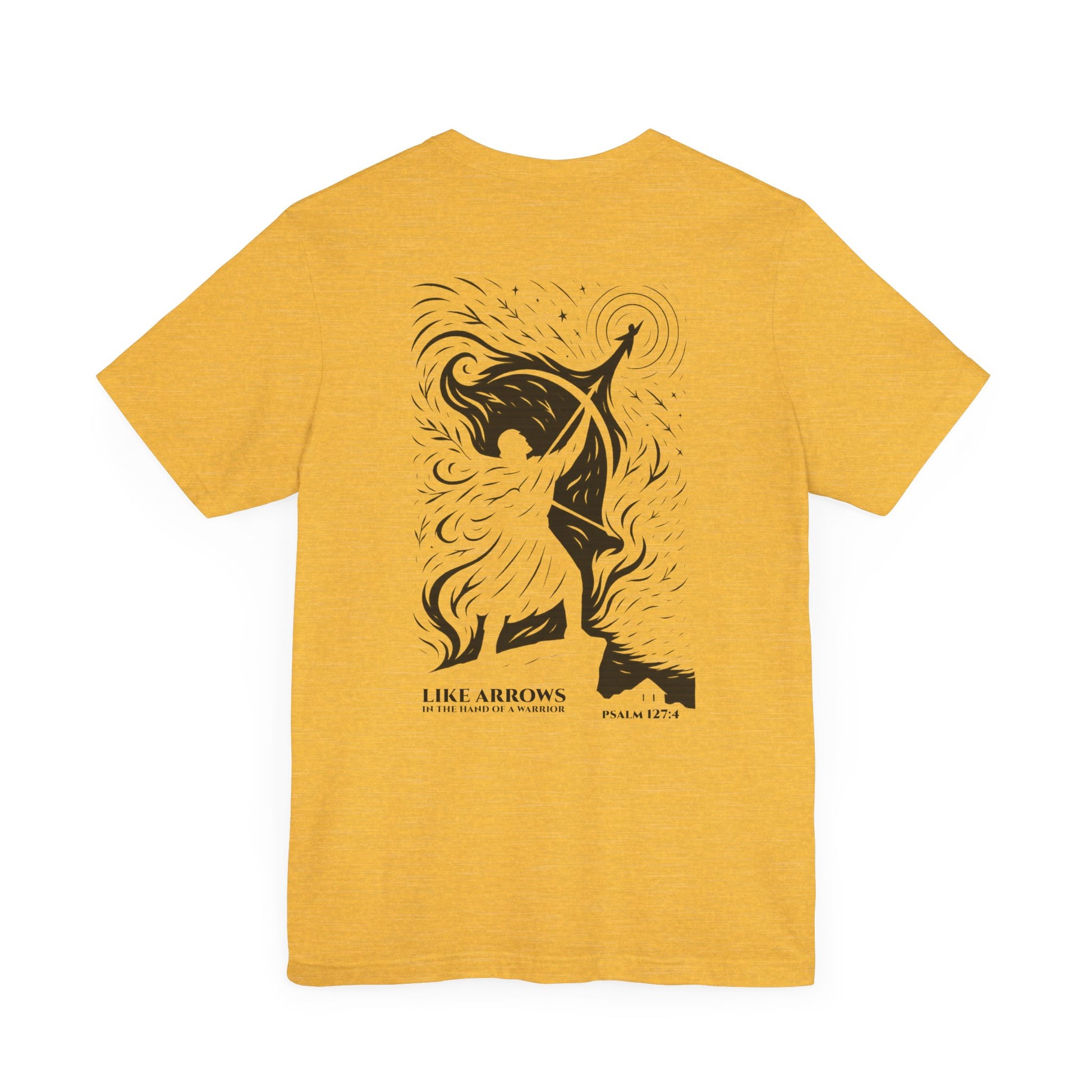 Like Arrows Psalm 127:4 Christian t-shirt showing warrior drawing bow with child-shaped arrow design