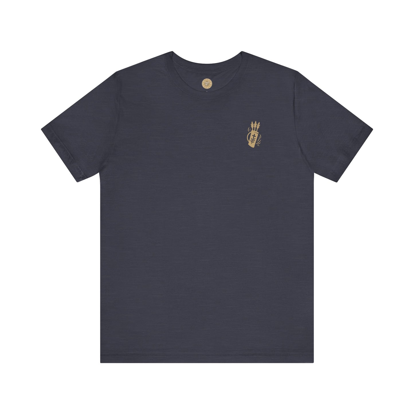 Heather Navy Blue Christian t-shirt with Like Arrows Psalm 127:4 design featuring small quiver of arrows over the heart