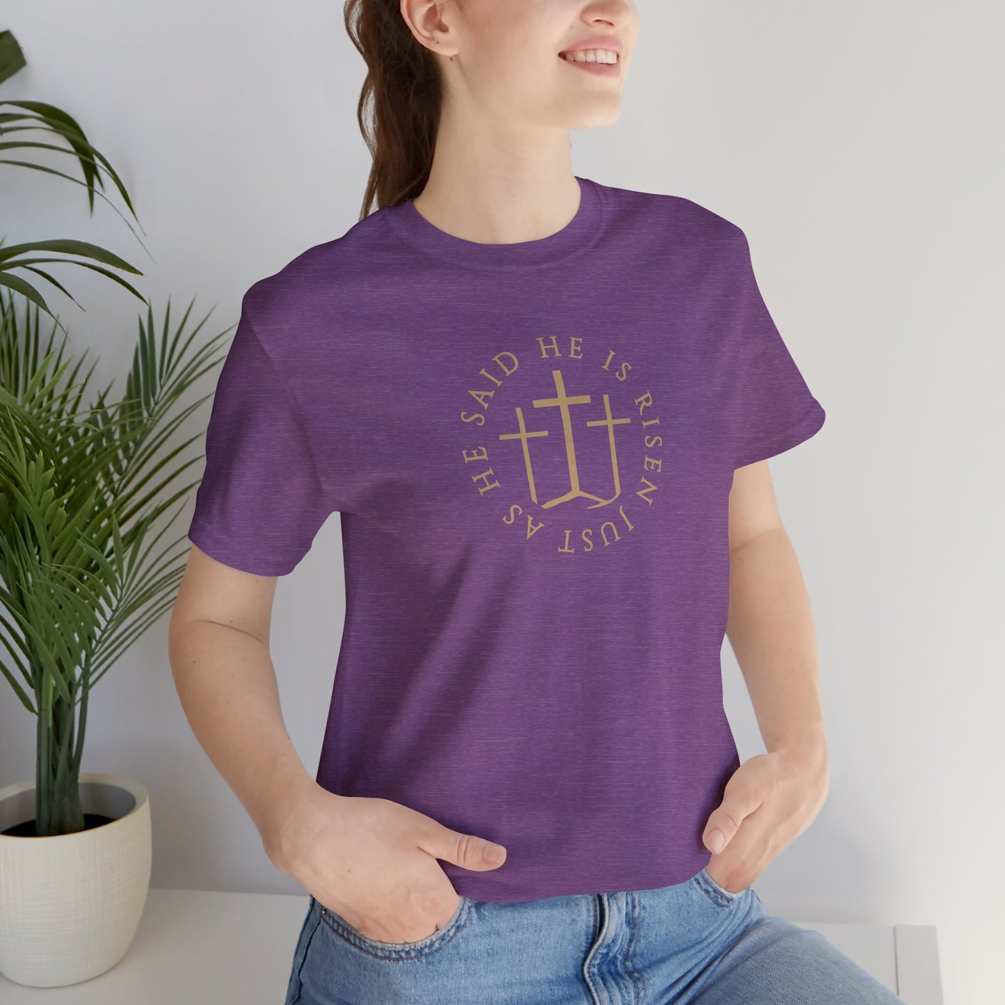 Risen Cross – Matthew 28:6 Short Sleeve Tee (Front Print)