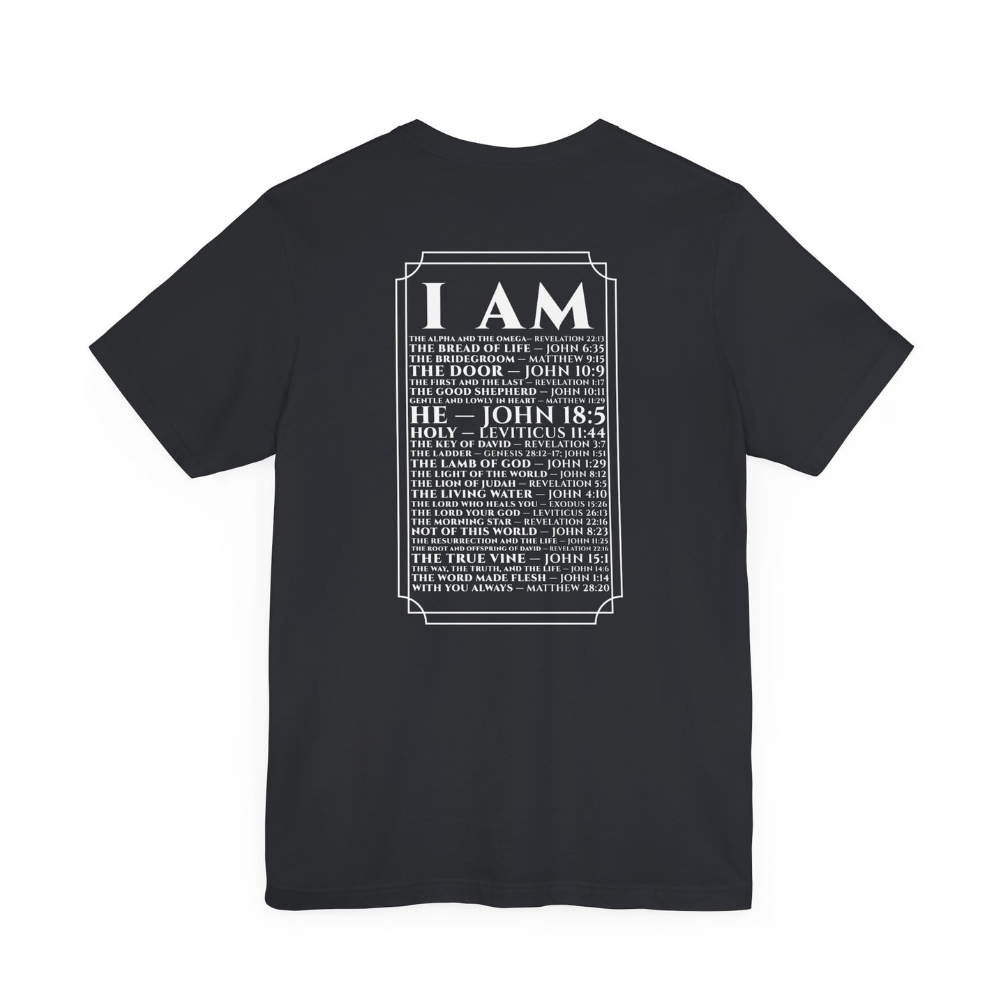 Back view of The Great I AM Christian t-shirt showing biblical design