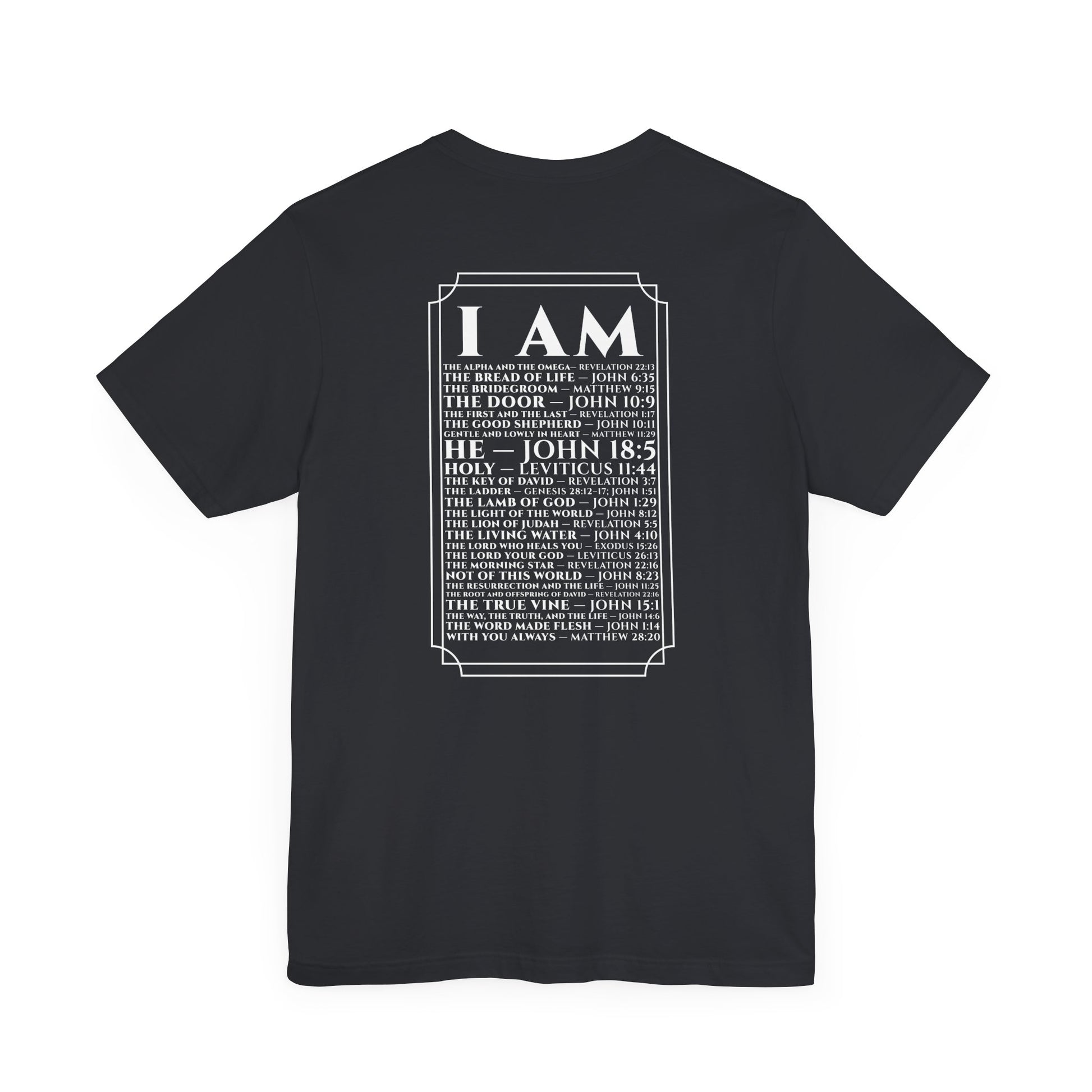 Back view of The Great I AM Christian t-shirt showing biblical design