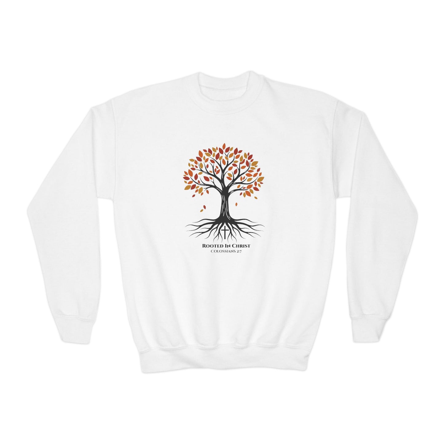 Rooted In Christ – Colossians 2:7 Youth Christian Fall Crewneck