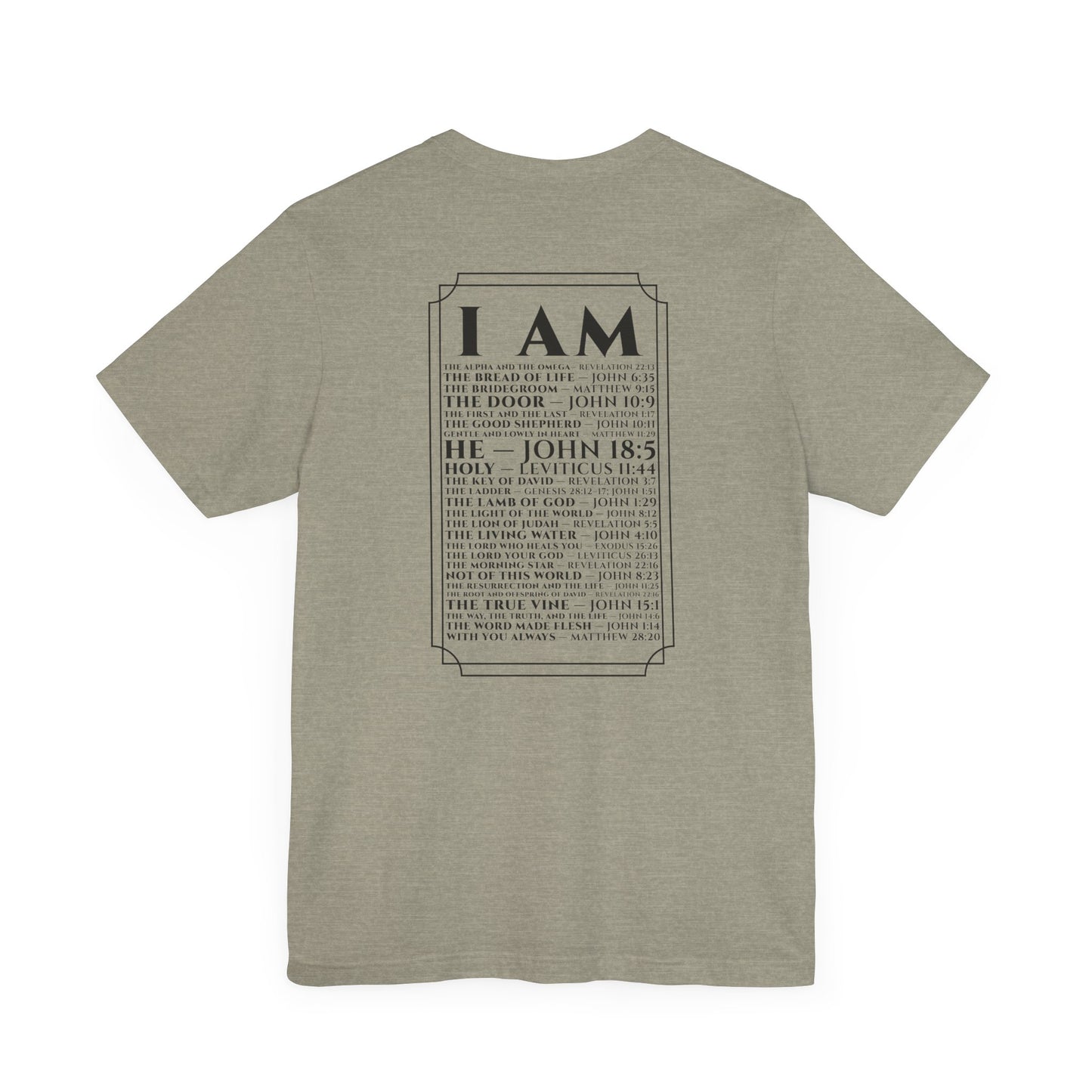 Back view of The Great I AM Christian t-shirt showing biblical design