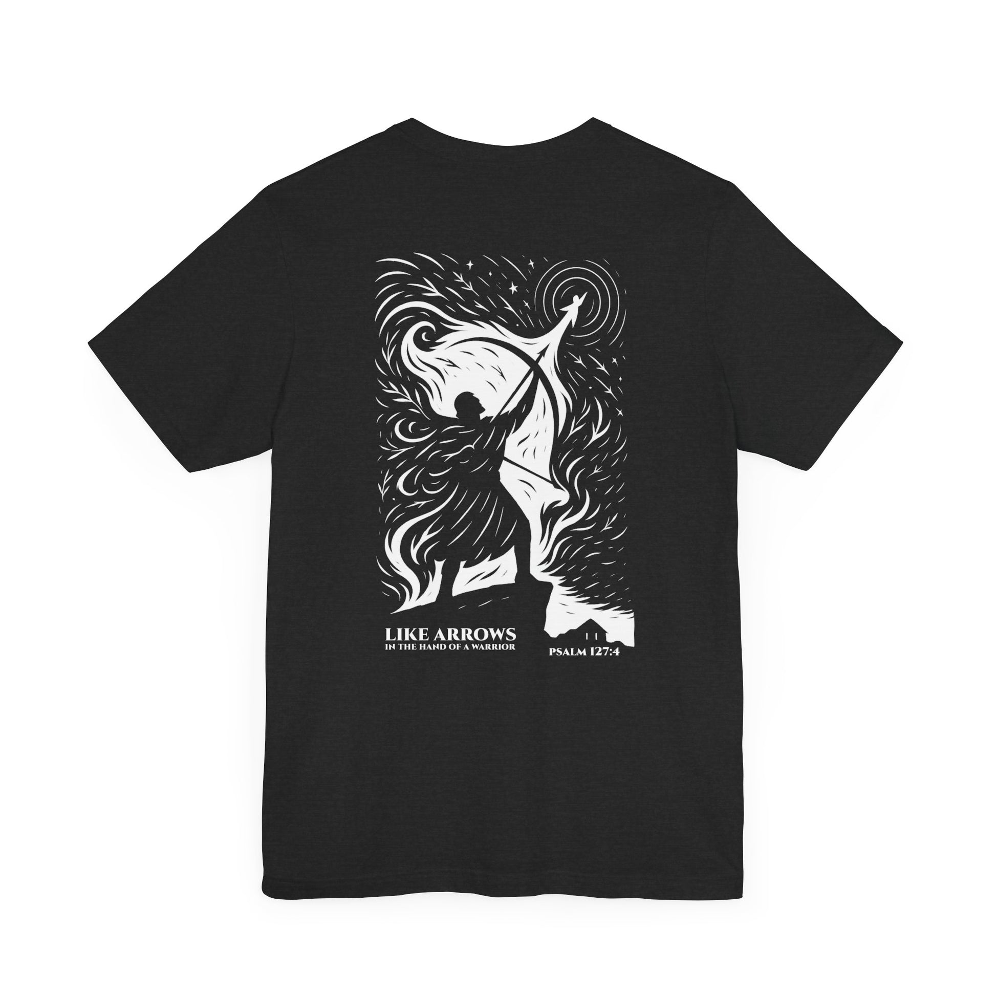 Like Arrows Psalm 127:4 Christian t-shirt showing warrior drawing bow with child-shaped arrow design